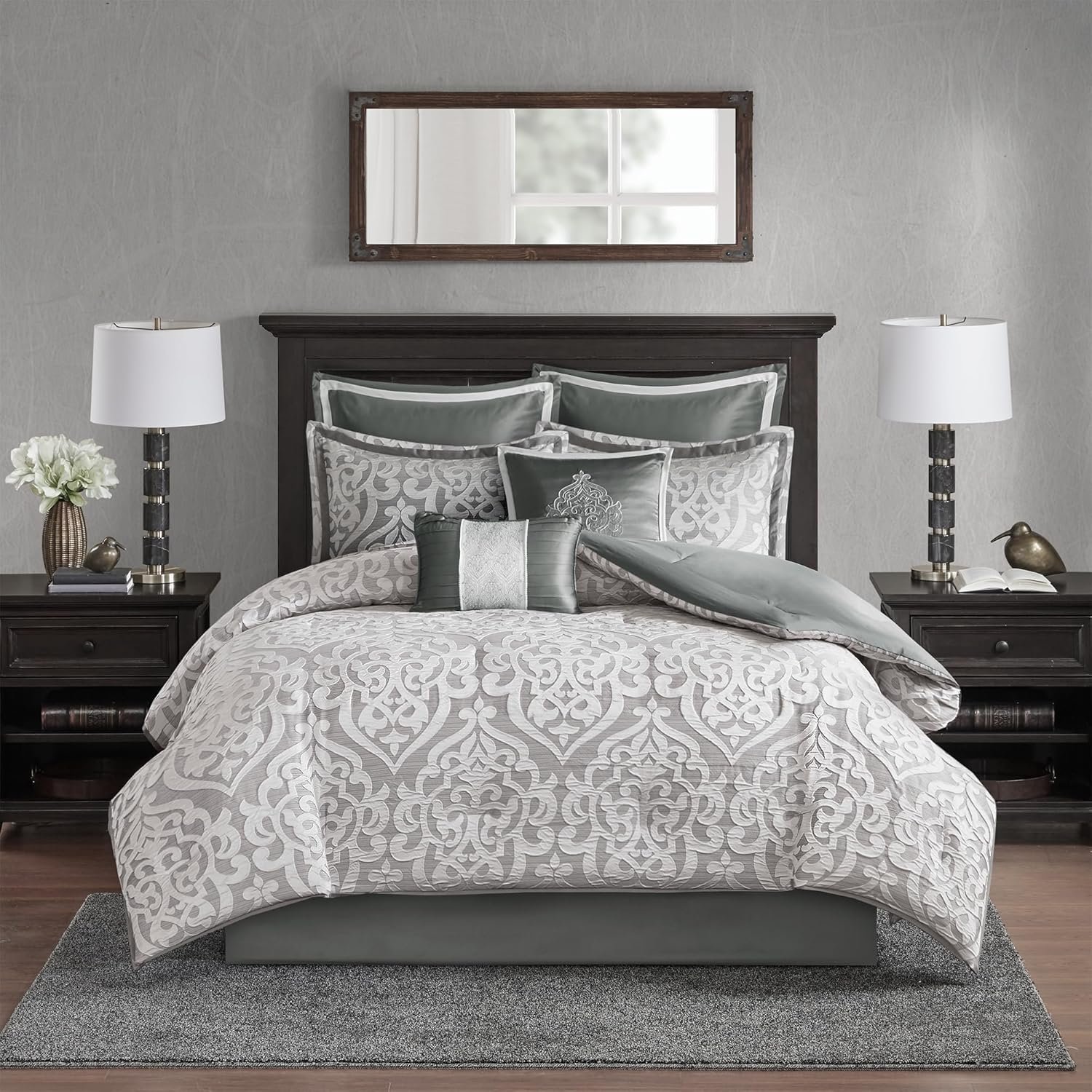 Madison Park Odette Cozy Comforter Set Jacquard Damask Medallion Design – Modern All Season, Down Alternative Bedding, Shams, Decorative Pillows, Queen(90 in x 90 in), Silver 8 Piece | All Season Down Alternative Bedding with Comforter, Shams, Bed Skirt, Decorative Pillows, Silver