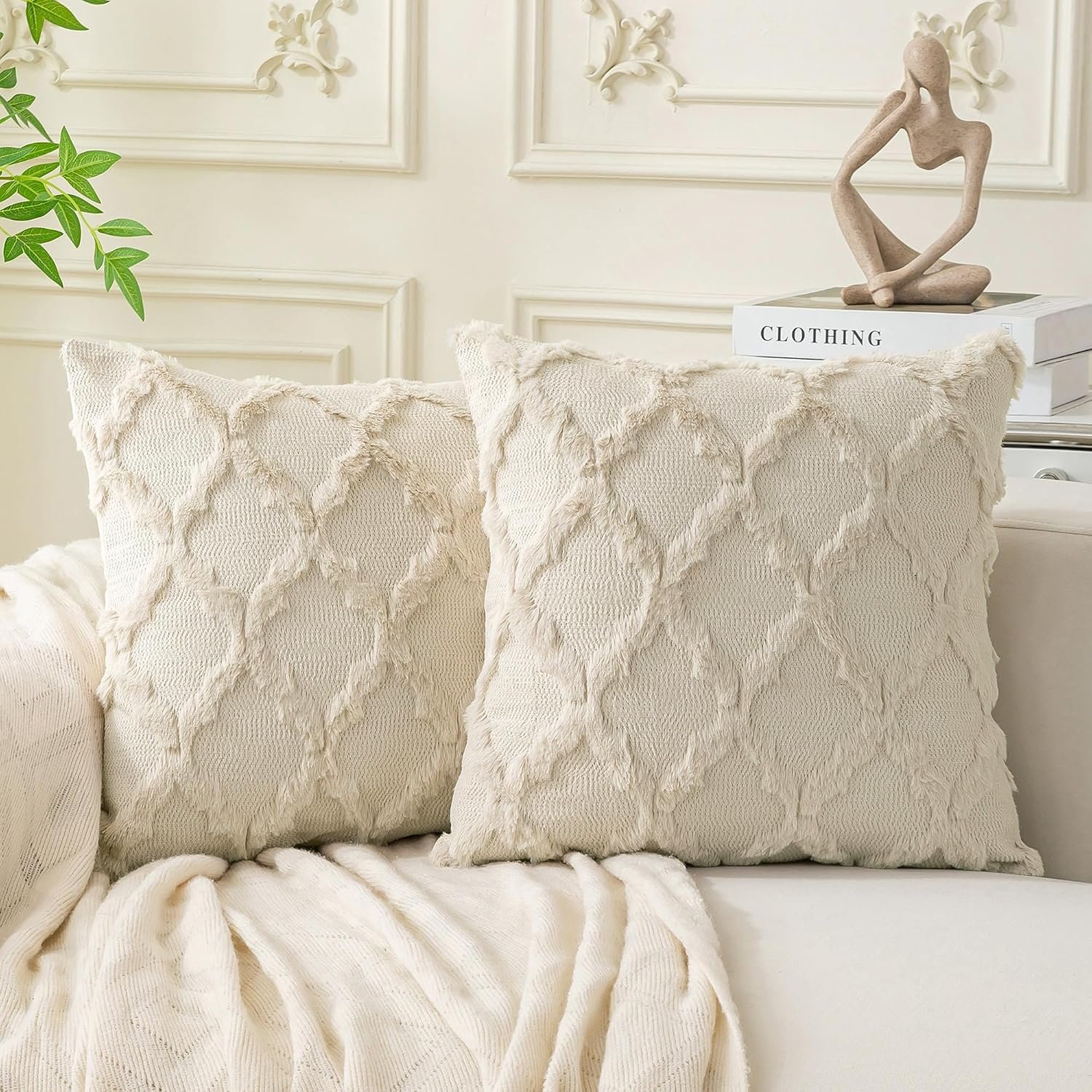 Set of 2 Soft Moroccan Throw Pillow Covers 18×18 Inch Plush Boho Decorative Pillow Cover Accent Cushion Case for Couch Sofa Bed, Beige
