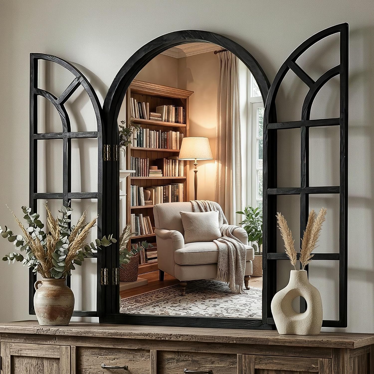 Arched Rustic Farmhouse Wood Mirror for Wall, 24″ x 36″, Black | Openable Window Design, Arched Wood Frame, HD Tempered Glass, Decorative Mirror for Living Room, Bedroom, Entryway, Fireplace