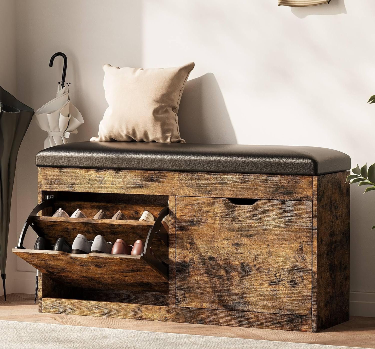 40″ Shoe Storage Bench with 2 Flip Drawers & Padded Seat Cushion, Shoe Cabinet with Lift Top Storage Box, Shoe Bench Shoe Organizer for Entryway, Hallway, Living Room, Vintage Brown