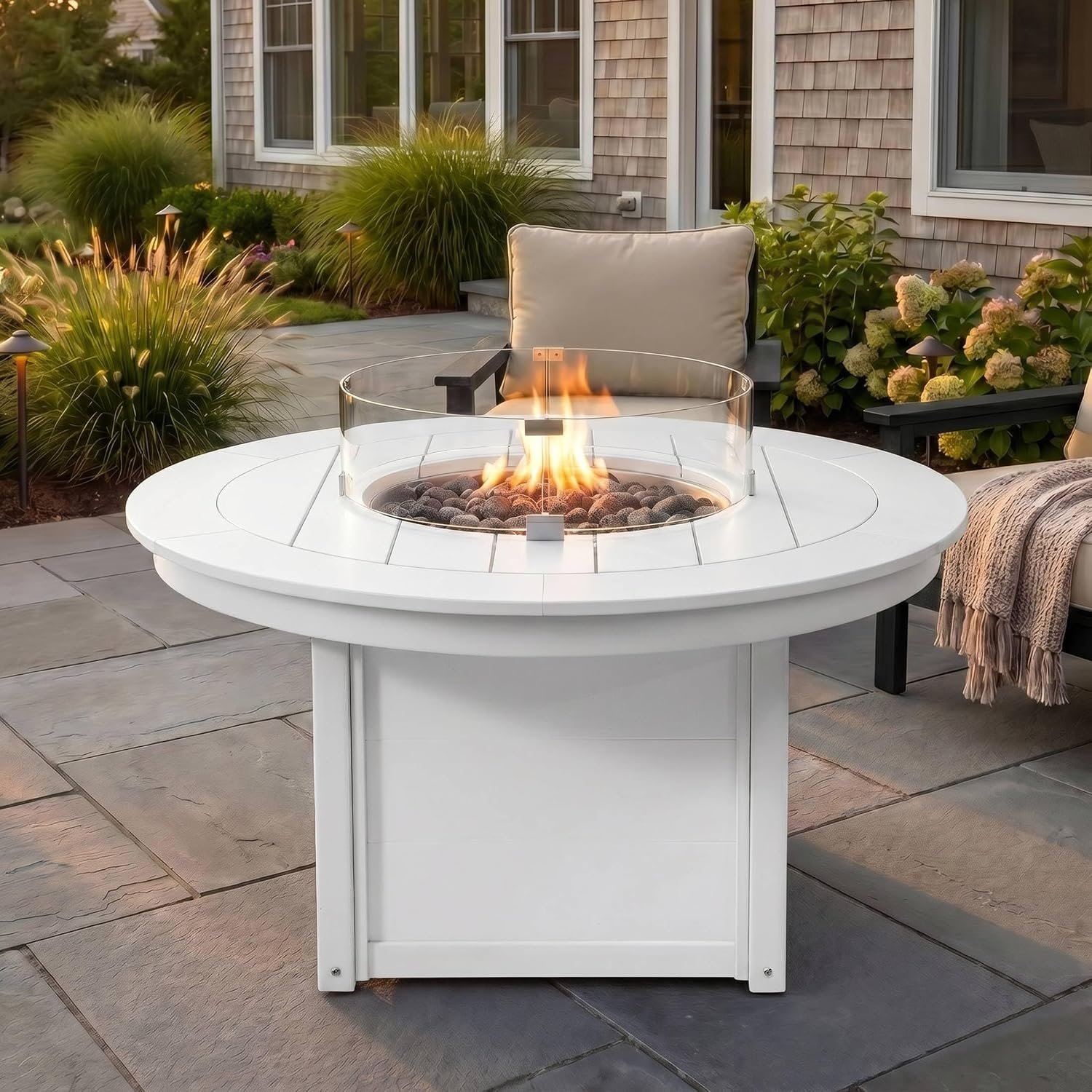 Sol 47″ Modern Outdoor 55,000 BTU Patio Backyard Round Propane Fire Pit Table, White