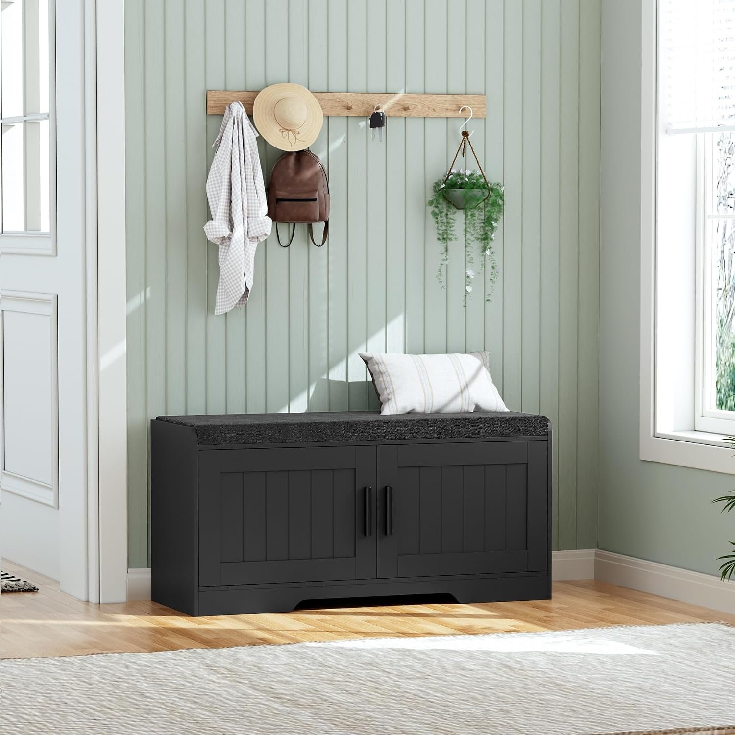 Homleke Shoe Storage Bench, 2 Doors & Thickened Padded Seat Cushion | 2-Tier Shoe Bench, Entryway Bench, Adjustable Shelf, 13.8″ D x 37.4″ W x 18.5″ H, for Living Room, Bedroom, Black