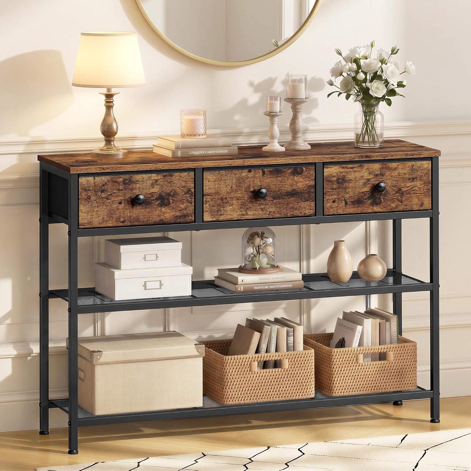SONGMICS Console Table, Narrow Sofa Table with 2 Mesh Shelves | For Entryway, Living Room, 3 Fabric Drawers, Rustic Brown, BELLAH Collection ULGS098K101