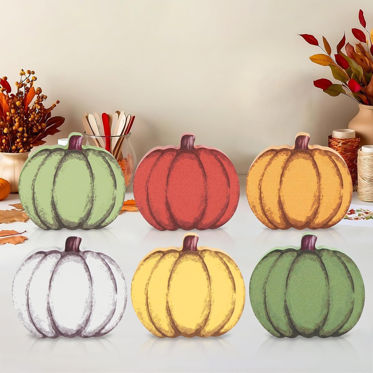 Wooden Fall Pumpkins Decorations for Home Office Indoor, Farmhouse Thanksgiving Table Tiered Tray Decor Set of 6, Vintage Fall Harvest Pumpkin Block Signs Tabletop Shelf Decoration (Pumpkin)