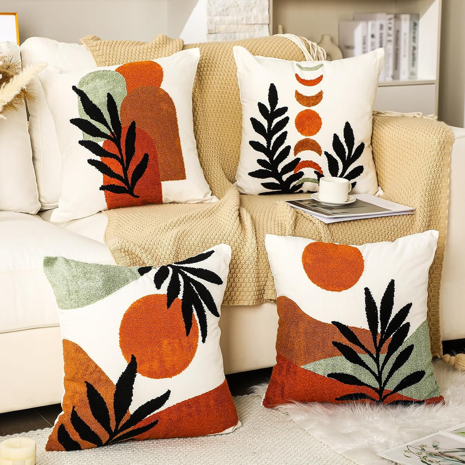 Mixweer 4 Pcs Boho Pillow Covers Set, 18 x 18 Inch Embroidered Pillow Cases, Sunset Leaf Mountain Boho Style Square Throw Cushion Cover for Couch Sofa Bed Bohemian Home Decor