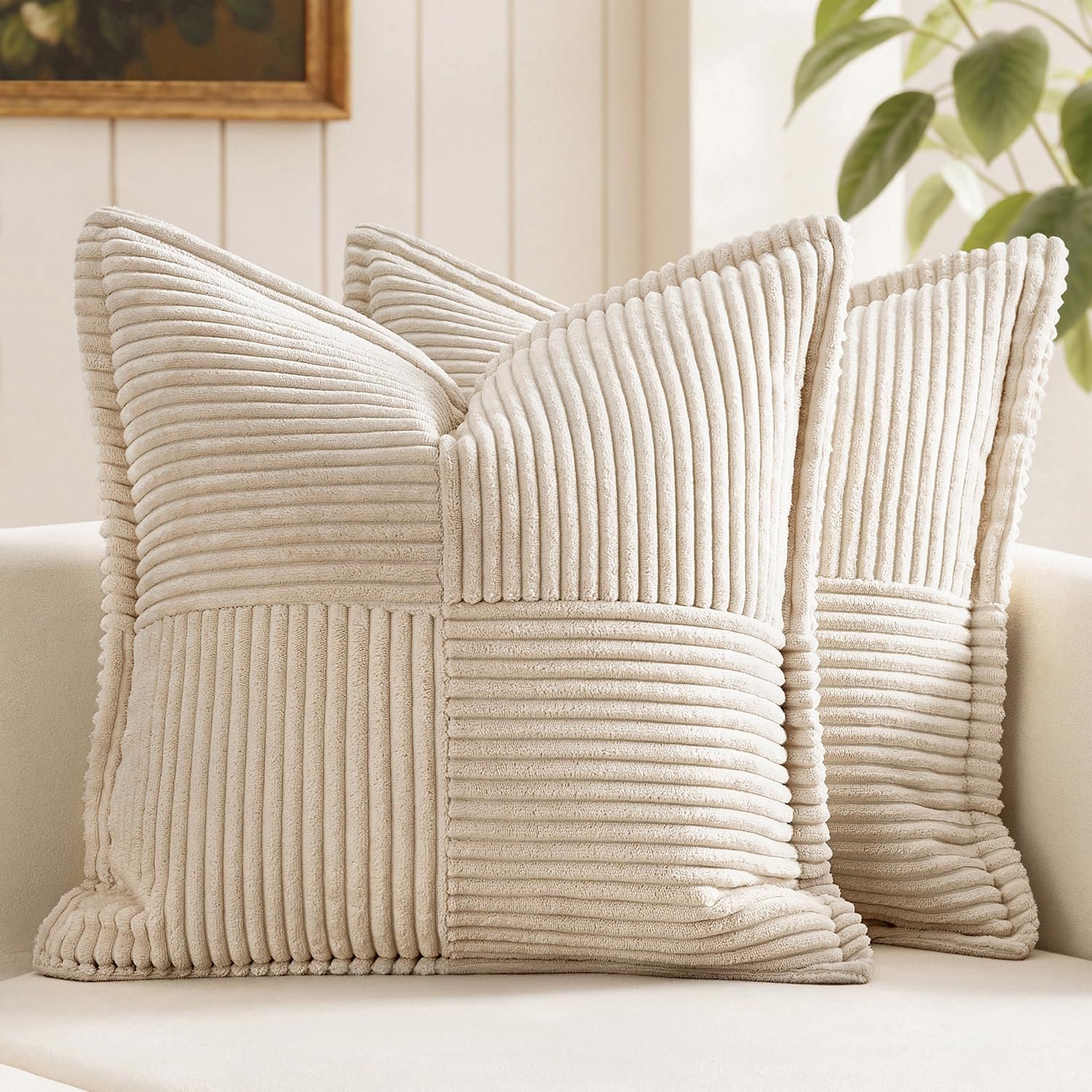 MIULEE Decorative Throw Pillow Covers for Couch 18×18 Inch Beige 2 Pack | Boho Broadside Striped Patchwork Pillow Covers, Soft Corduroy Cushion Cases, For Sofa Bed Livingroom Home Decor