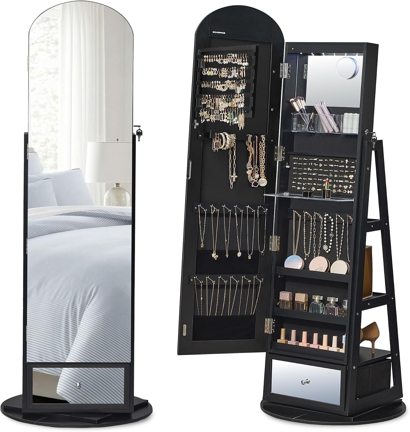 SONGMICS 360° Swivel Jewelry Cabinet, Full-Length Arched Mirror with LED Lights, Magnifying Mirror, Storage Shelves, Drawer, Ink Black UJJC030BC01