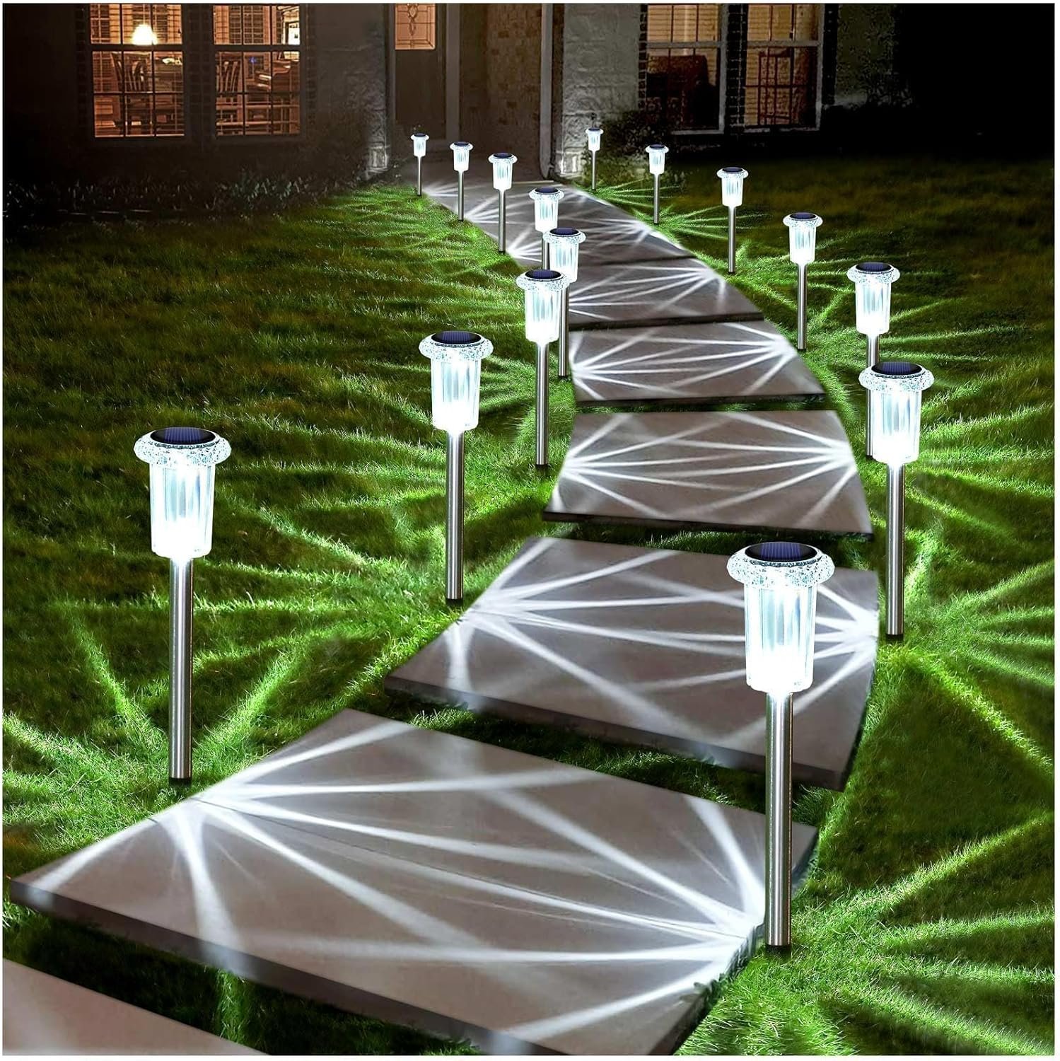DenicMic Solar Lights Outdoor Waterproof 10 Pack Pathway Lights Cool White | Stake Lights for Yard Garden Driveway Walkway Outside Landscape Path Lights, Auto On/Off 6000K LED, Stainless Steel Pole