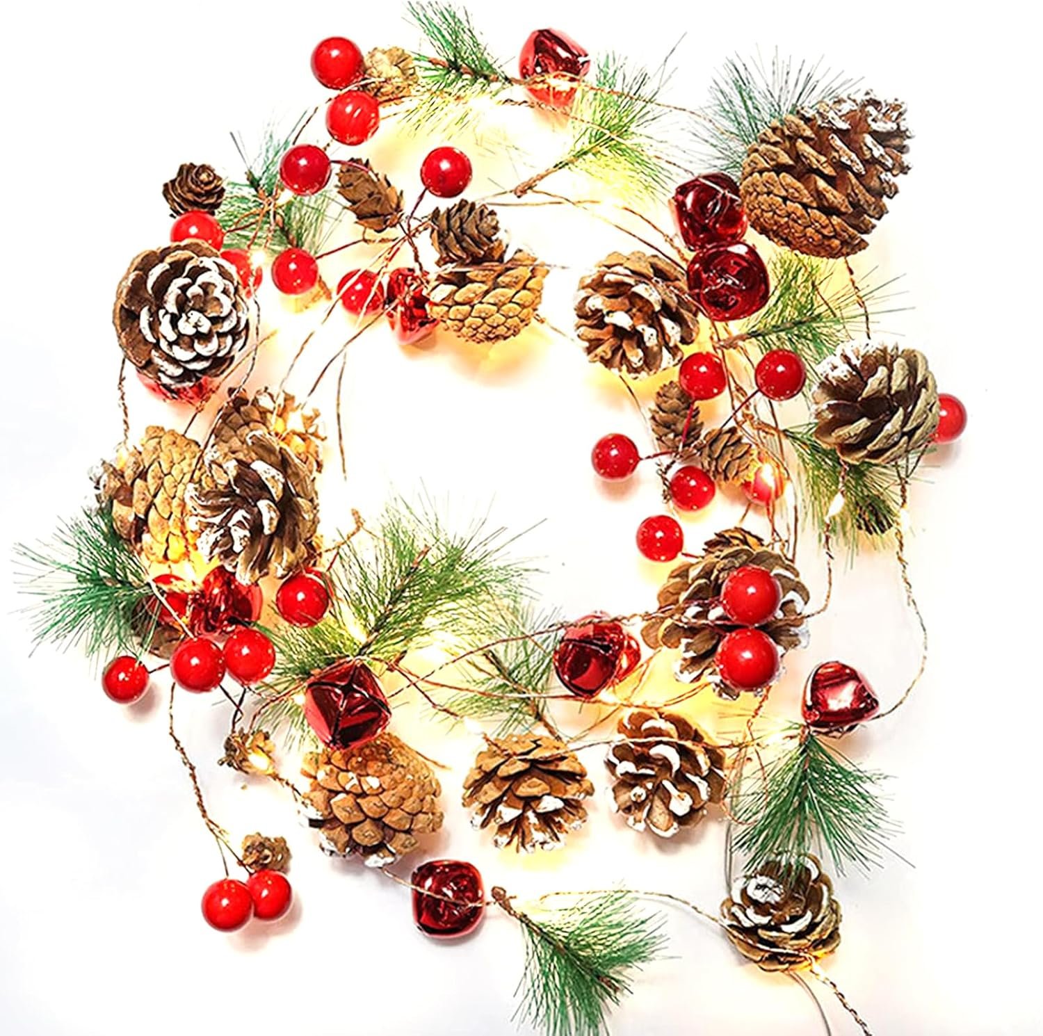 Christmas Garland with Lights, 10 Ft 30 LED Pine Cone Red Berry Decorations | Warm LED battery-powered garland with pine cones & berries, great for home, porches, stairs, parties & Christmas decor