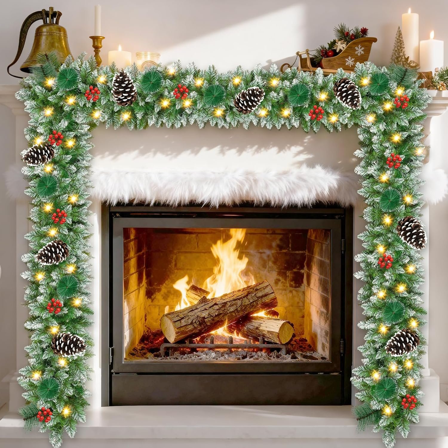 Christmas Garland with Lights 9 FT Artificial Christmas Garland 250 Pieces of Green Rattan Christmas Garland Holiday Artificial Decor for Stairs Wall Door Indoor Outdoor Garland