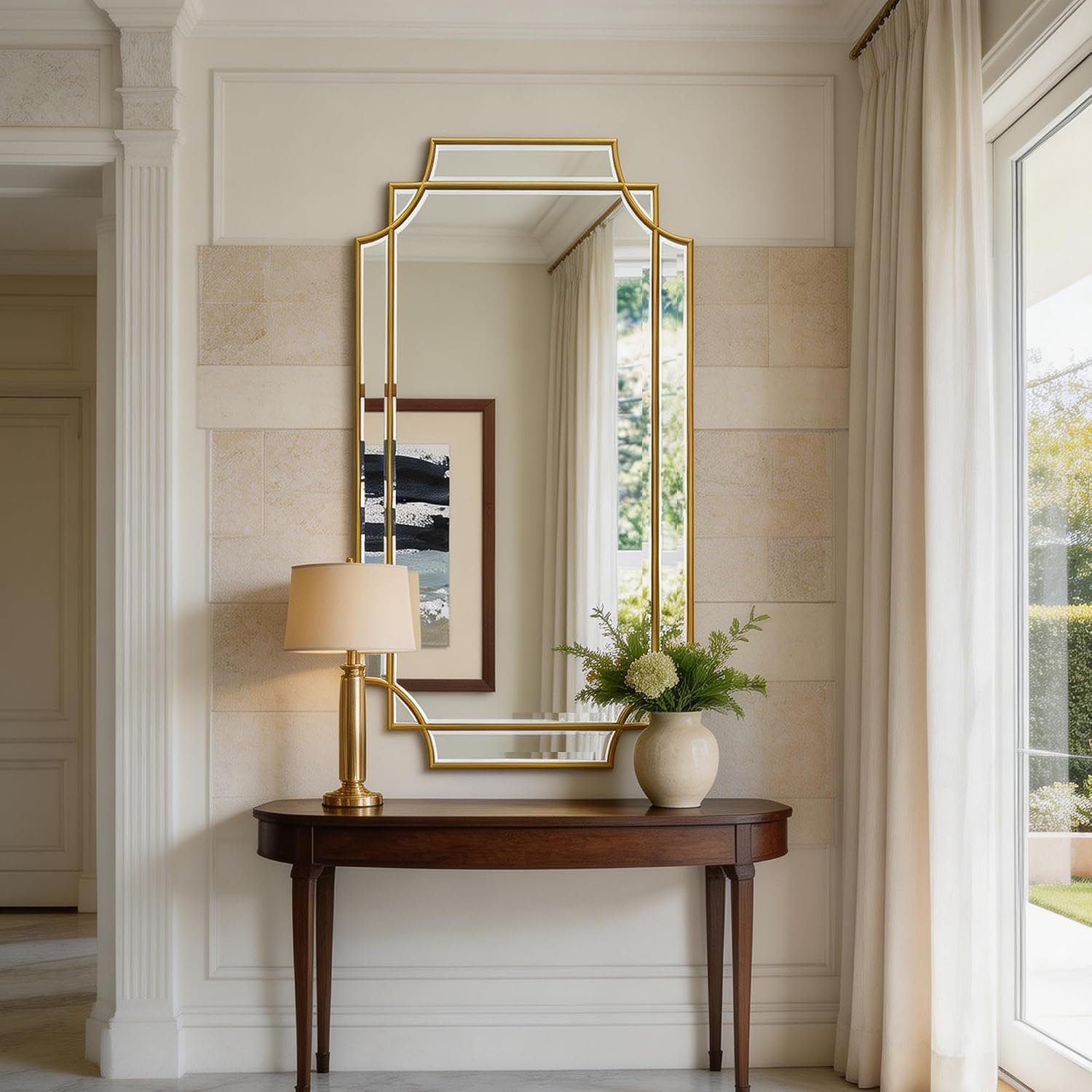 47″x24″ Large Geometric Rectangle Wall Mirror with Gold Wood Frame | Beveled Edge, HD Mirror, Horizontal/Vertical Hanging, Elegant Art Deco Wall Mirror for Bathroom Bedroom Entryway Living Room