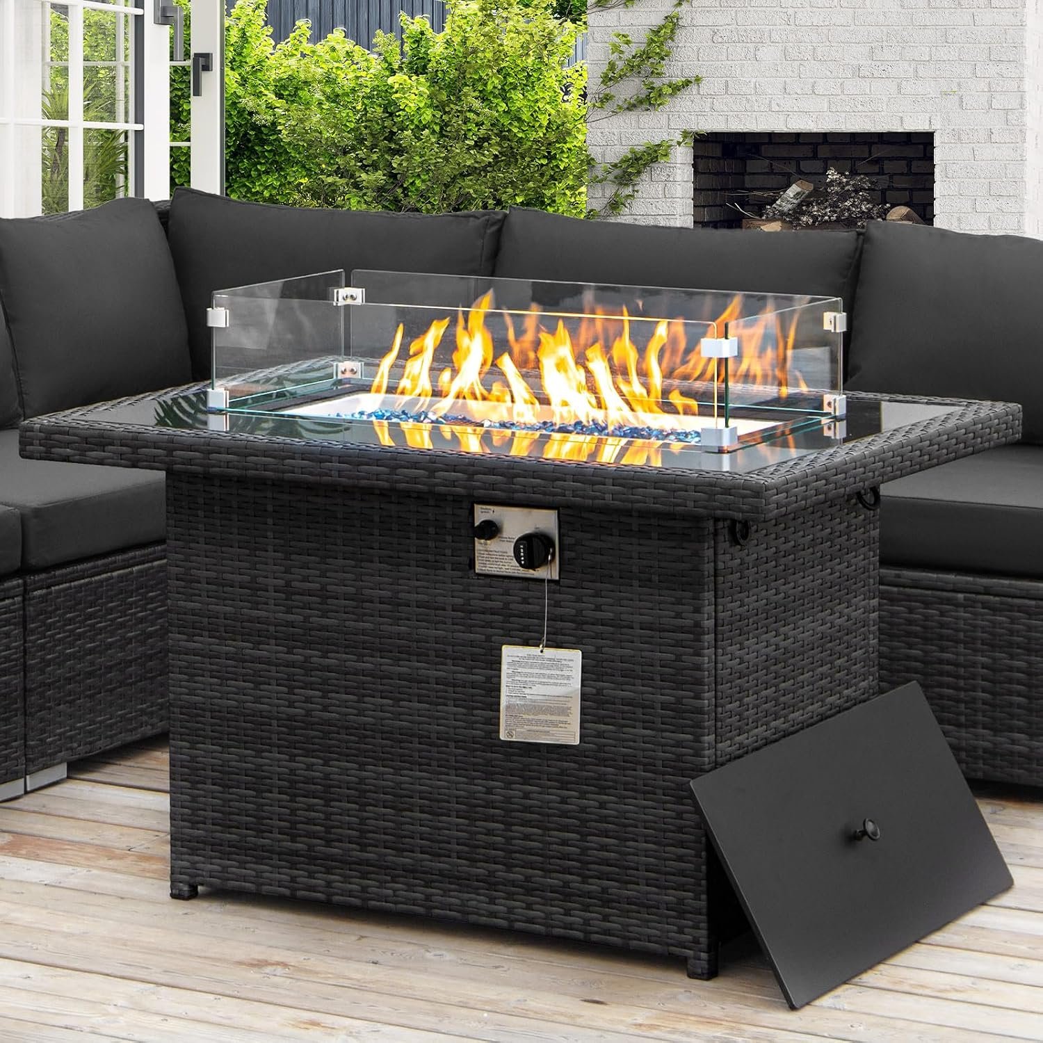 Wicker Propane Fire Pit Table, 60000 BTU Large Natural Gas Firepit Tables, 43” Rectangle CSA Fireplaces for Deck Backyard, Fire Table with Windguard&Glass Rocks&Cover, Gray