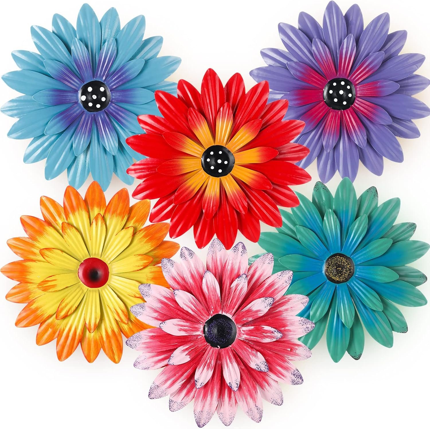 Zhehao 6 Pcs Flower Metal Wall Art Decor 8 Inch Flower Decorations for Indoor Outdoor, Hanging Sunflower Kitchen Decoration Metal Floral for Bathroom,Porch, Garden, Living Room, Yard(Cute Color)