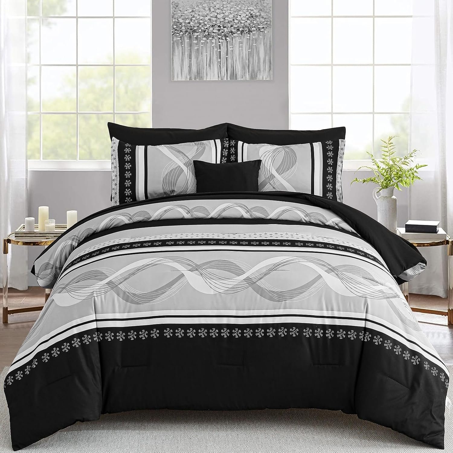 Anibedding Black Comforter Set Queen Size,8 Pieces Boho Bed in a Bag Patchwork Striped Comforter Set, Soft Microfiber Bedding Set for All Season(90″×90″)