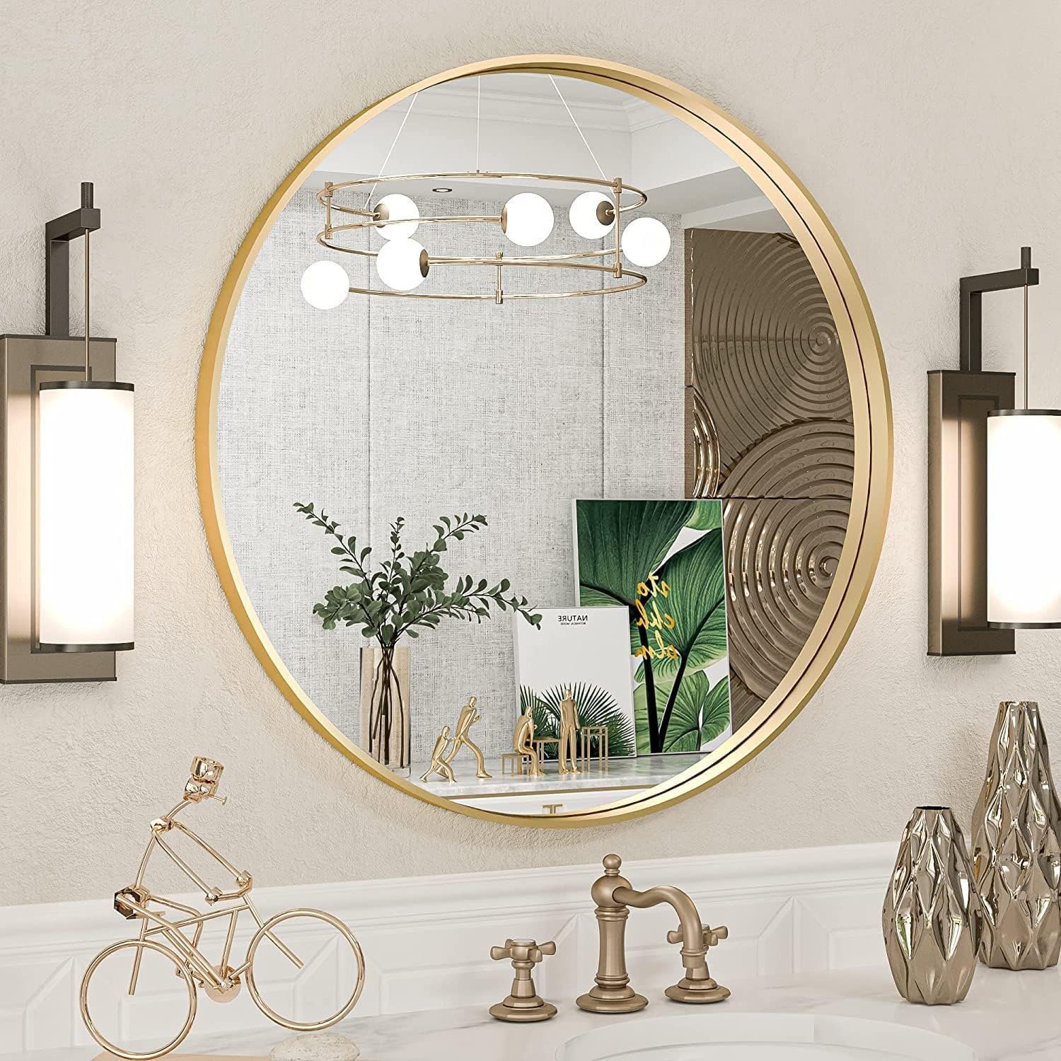 Brushed Gold Round Mirror 24 Inch Gold Round Vanity Bathroom Mirror for Wall Aluminum Alloy Matte Metal Frame Modern Gold Circle Mirror Fit in Minimalist Multi Style Home Decor