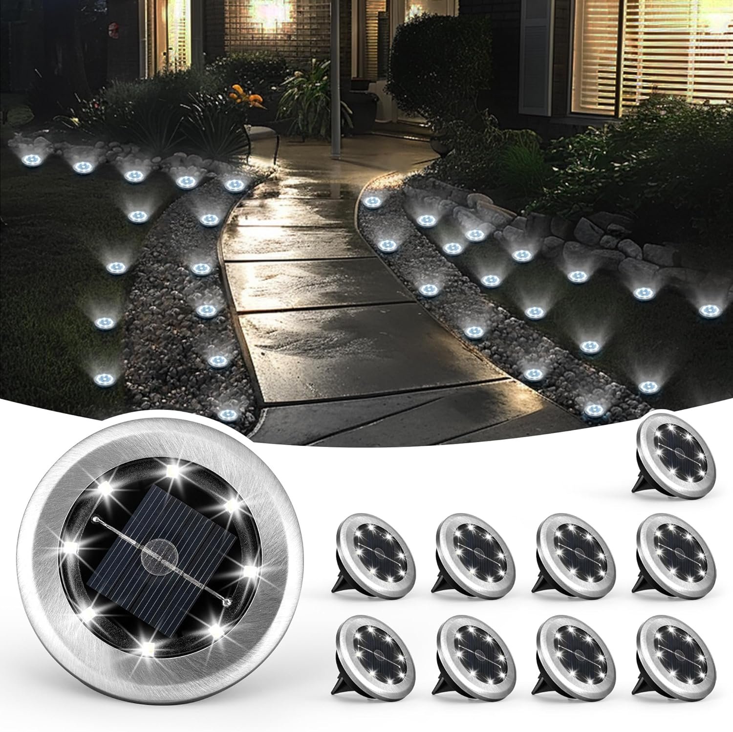 SOLPEX 10 Pack Small Solar Ground Lights, Pathway Lights Cool White | Stainless Steel Solar Powered Walkway Lights Waterproof, Landscape Lighting for Driveway, Garden, Backyard, Patio