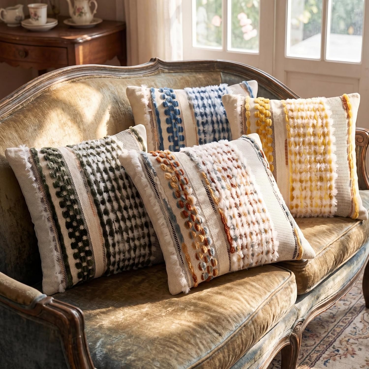 Set of 4 Boho Throw Pillow Covers 18×18″ Farmhouse Decorative Chenille Tufted Pillow Covers Soft Plush Accent Neutral Pillowcase for Couch Bed Sofa Living Room Bedroom Decor