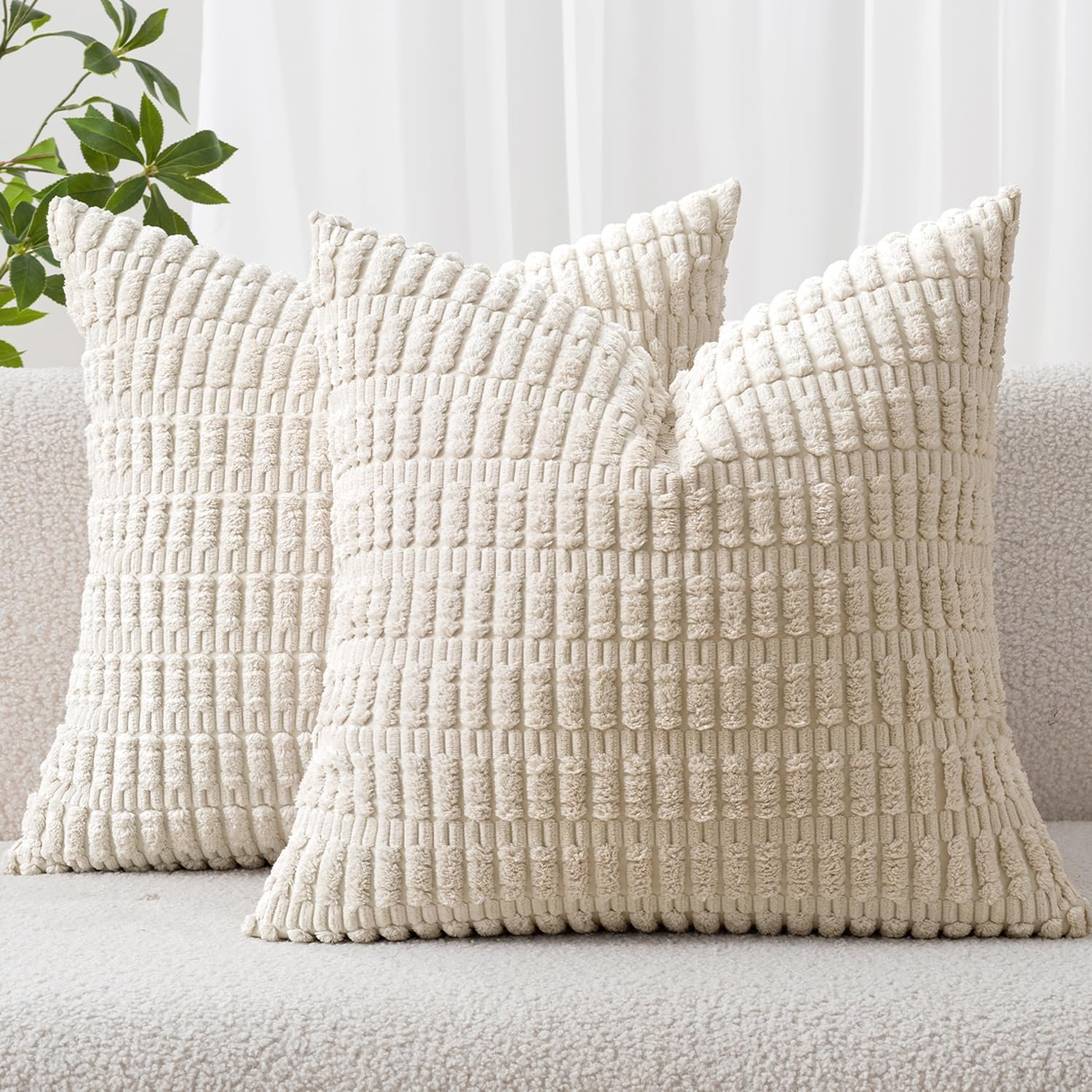 MIULEE Corduroy Decorative Throw Pillow Covers 18×18 Cream White Pack of 2 | Soft Boho Striped Pillow Covers Modern Farmhouse Home Decor For Sofa Living Room Couch Bed