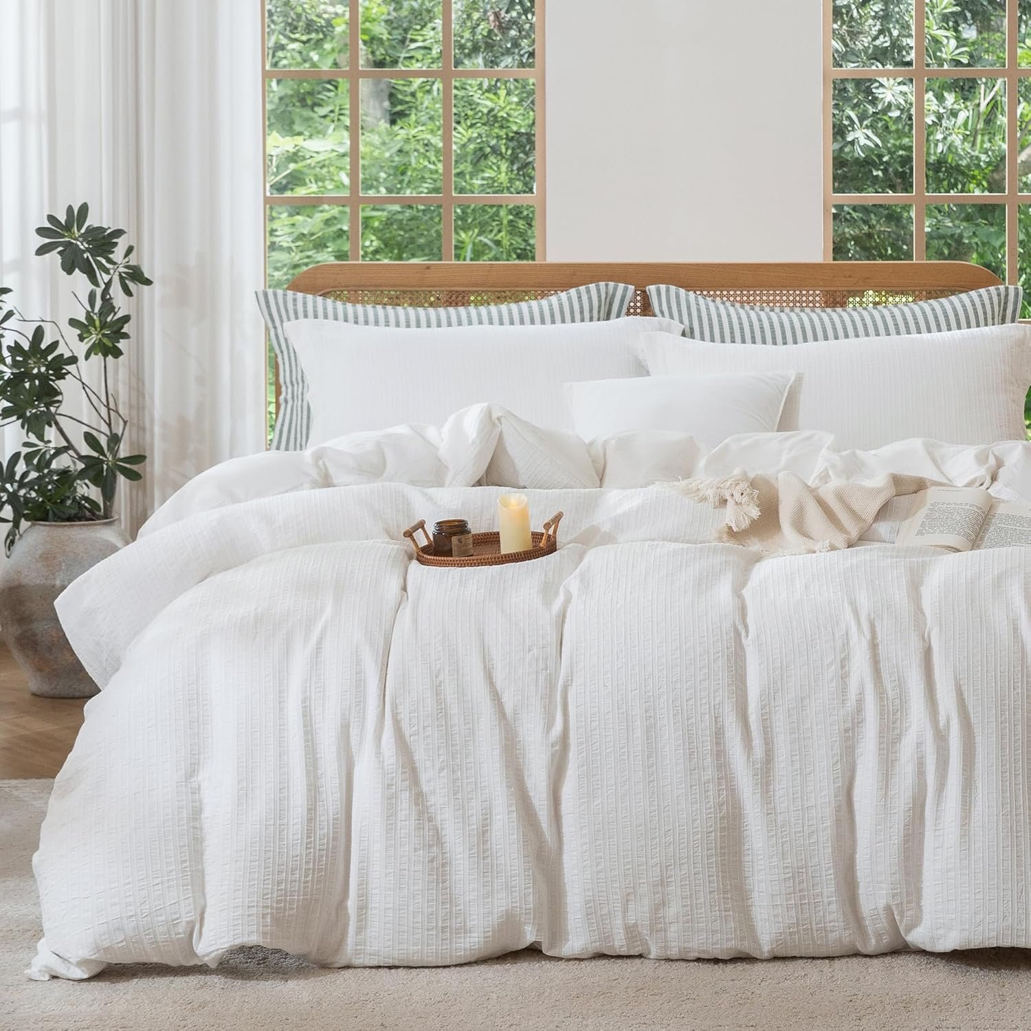 MILDLY White Textured Duvet Cover Set 3pcs Dual Zipper Queen | 100% Cotton, Boho Elegant, Soft Breathable for All Season, Jacquard Stripe, OEKO-TEX Certified, 8 Corner Ties