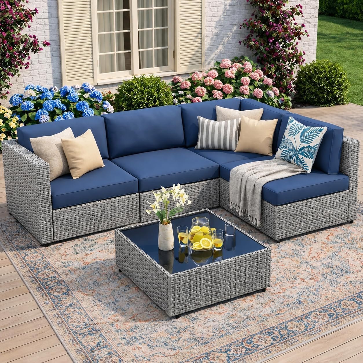 5-Piece Patio Furniture Set, All-Weather Wicker Outdoor Sectional Sofa with Soft Cushions, Modular Conversation Set for Backyard, Deck, Garden & Poolside(Aegean Blue Cushion)