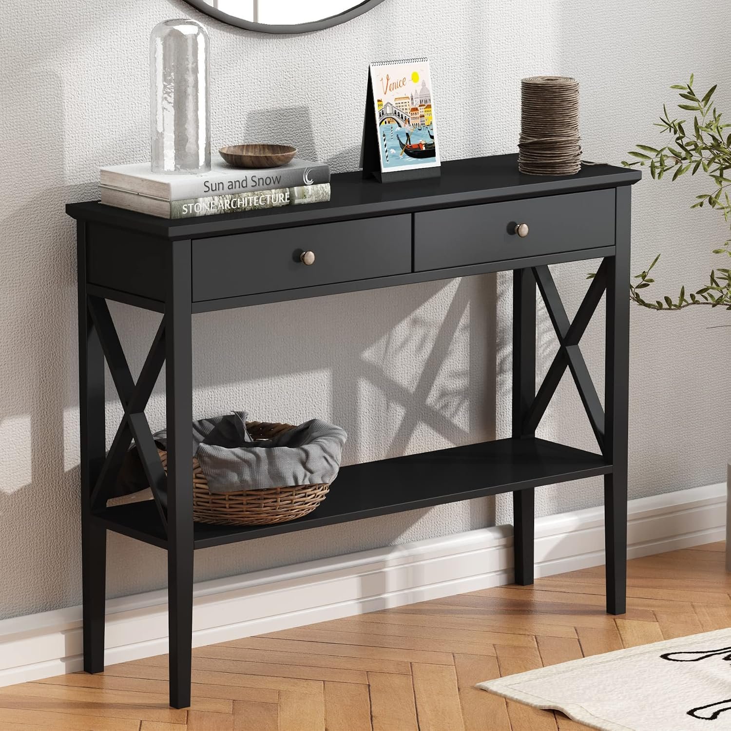 ChooChoo 39″ Entryway Table with Drawers and Storage Shelf | 11.8″D x 39.4″W x 31.5″H, Console Table, Narrow Wood Accent Sofa Table for Entryway, Front Hall, Hallway, Living Room, Black
