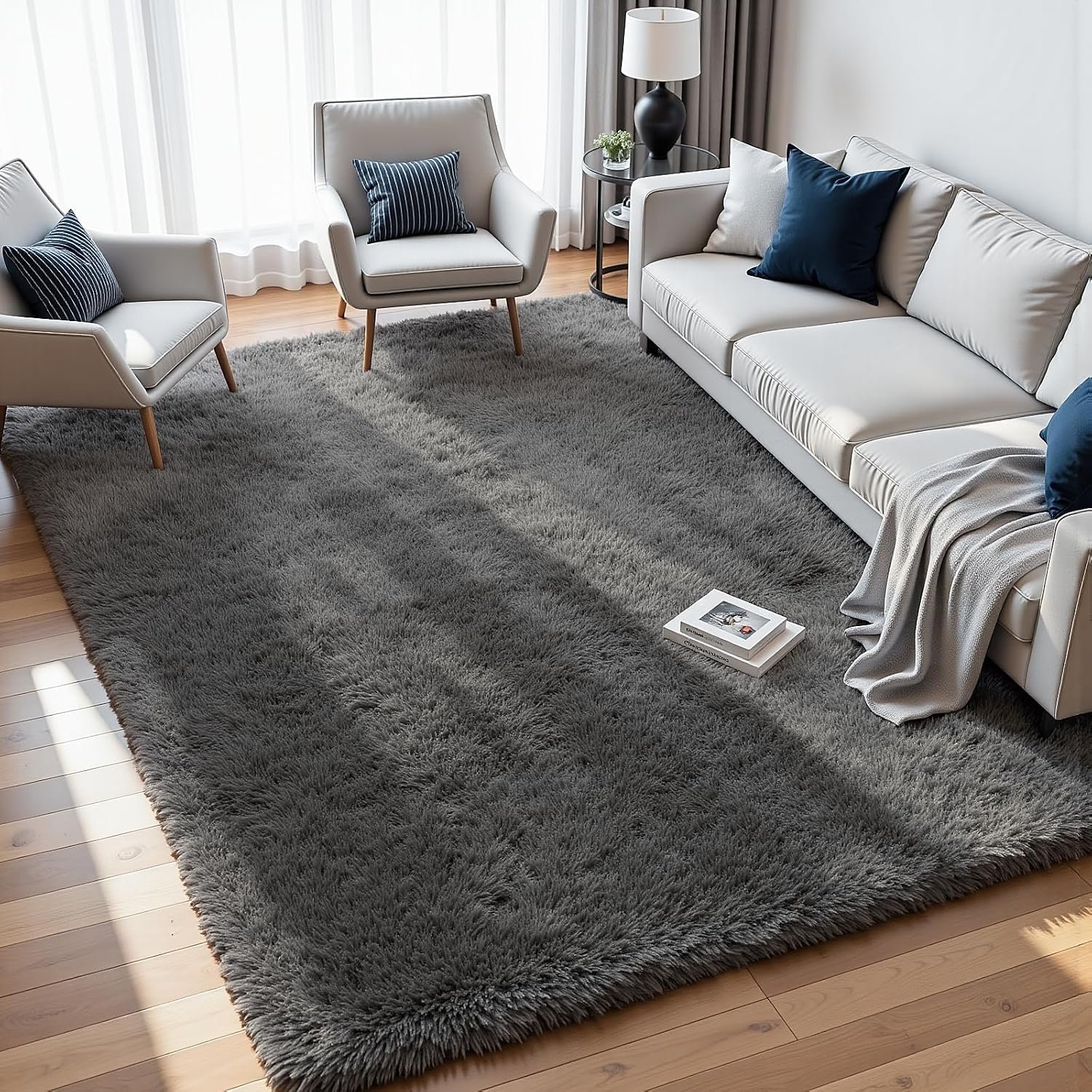 8×10 Fluffy Shag Area Rugs for Living Room Bedroom: Soft Plush Carpet Grey | Upgraded Non-Slip Thick Memory Foam, Ultra Soft, Non-Shedding Fuzzy Carpet, Easy Clean Decor for Kids Room, Nursery, Playroom