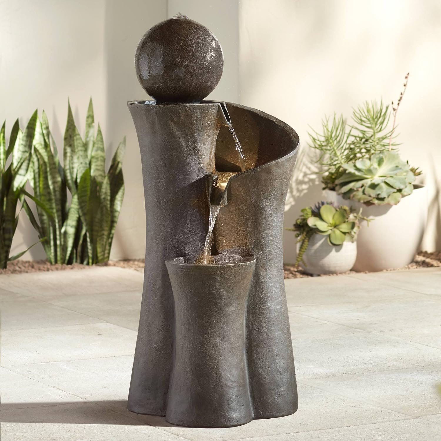 Modern Sphere Curve Cascading 39 1/2″ Large LED Outdoor Indoor Fountain | Zen Decor Faux Stone Floor with Light Waterfall Water Feature for Outside Garden Patio Yard Backyard