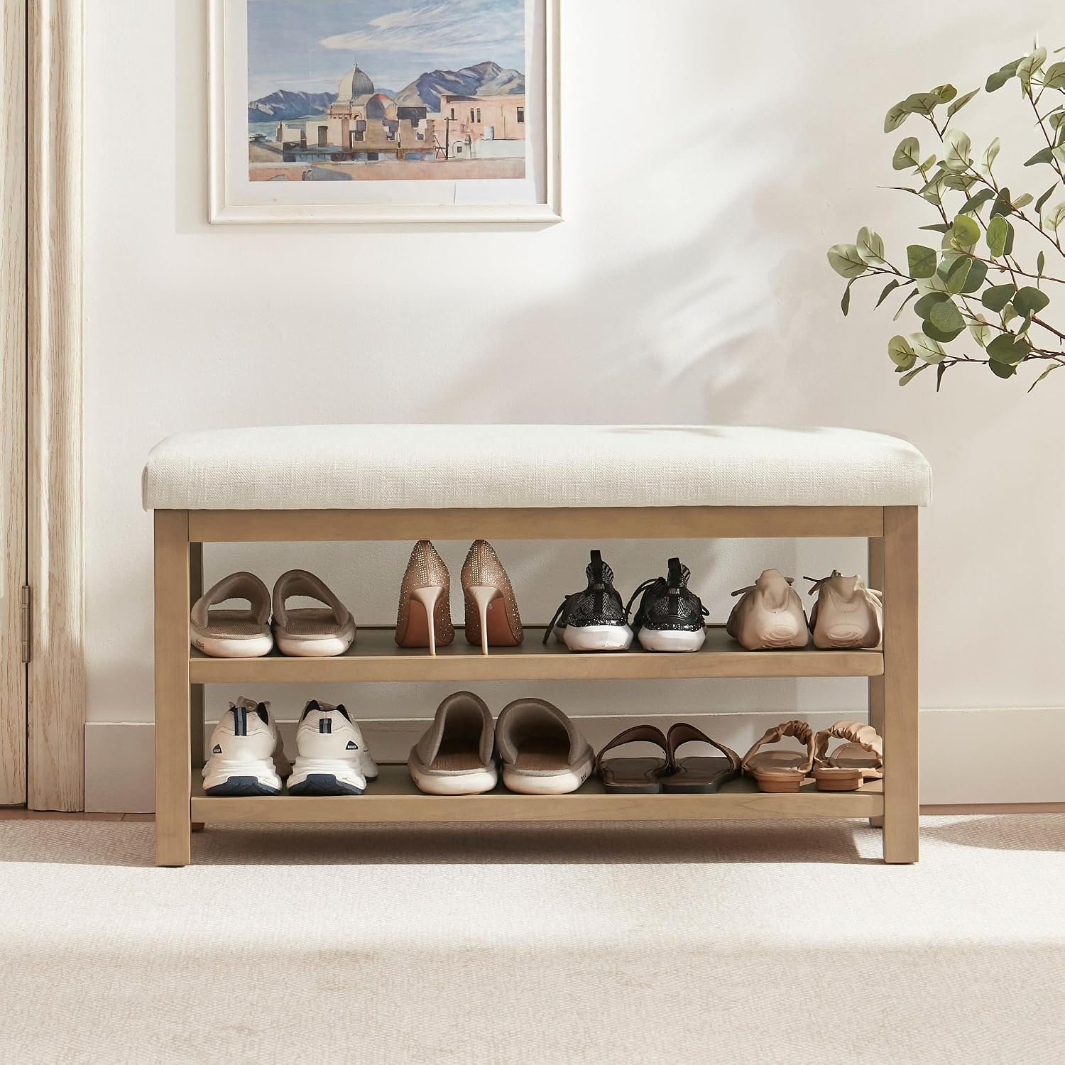 Zihanhome 2 Tier Shoe Rack Bench with Cushion, Solid Wood Shoe Benches, Mid-Century Modern Shoe Storage Bench for Entryway, Hallway, Living Room, Closet, Front Door Entrance, (Beige, 39.4″)