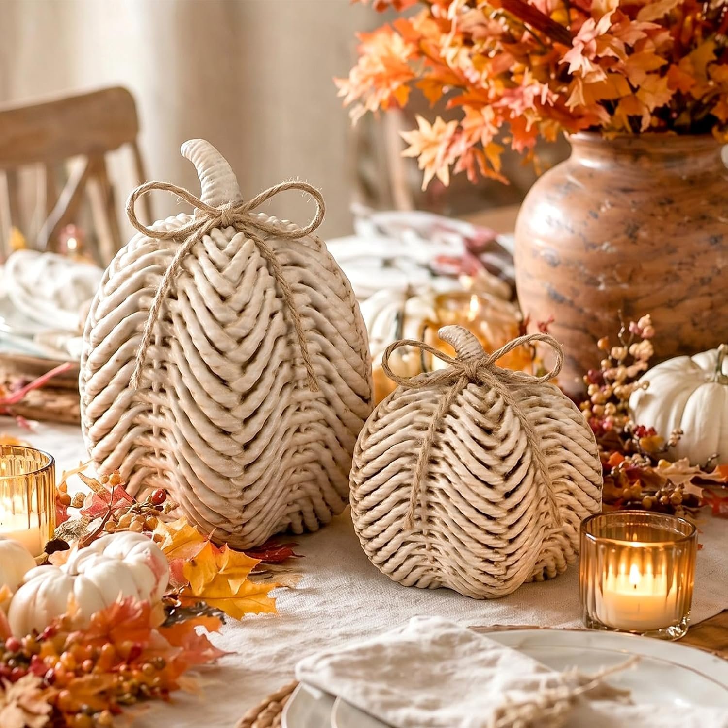 Fall Pumpkin Decor Set of 2, Resin Thanksgiving Fake Pumpkin Figurines Imitation Rattan White Decorative Pumpkins Farmhouse Centerpiece for Autumn Thanksgiving Harvest Tabletop and Home Decor