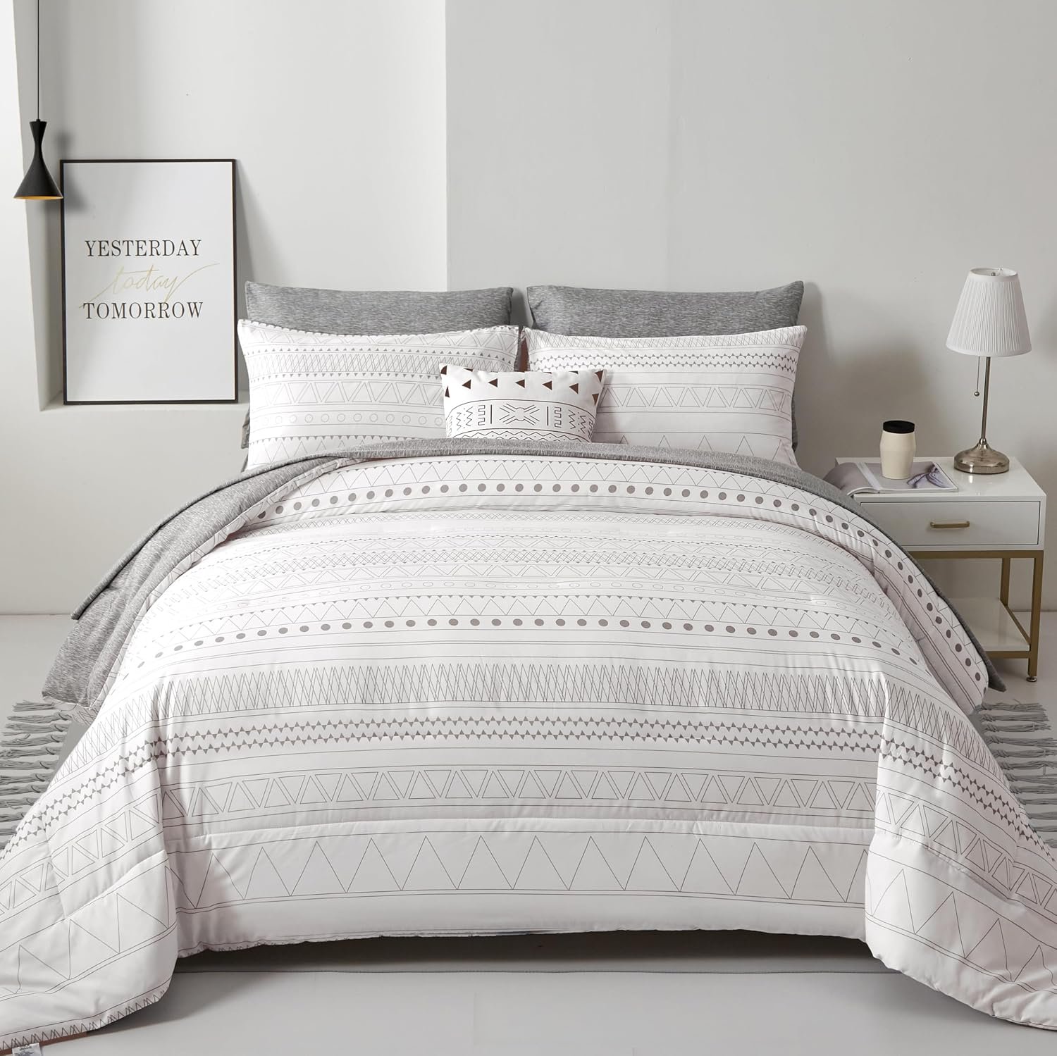 WONGS BEDDING Boho Comforter Set, Queen, White Grey Geometric | 7 Pieces, Bed in a Bag, Soft Microfiber, Includes Pillowcases & Shams, Flat Sheet, Fitted Sheet, All Season