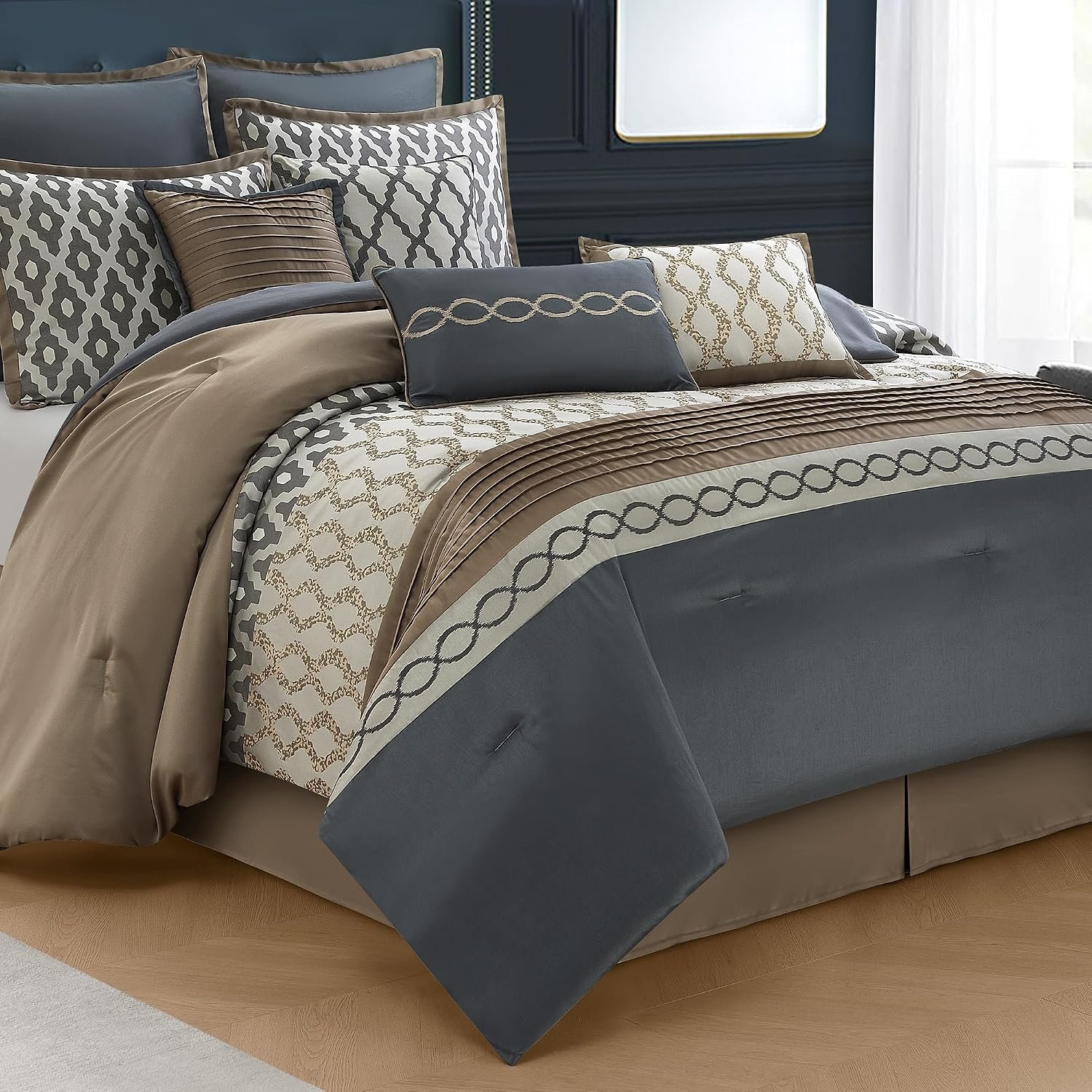 Queen Comforter Set, Grey Brown, 10 Piece Bed in a Bag for All Seasons, Luxury Extreme Comfort Bedding Sets with Bedskirt, Pillow Shams, Euro Shams and Decor Pillows