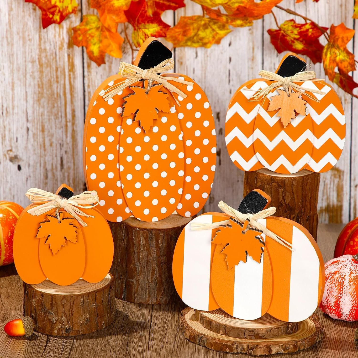Yalikop 4 Pcs Thanksgiving Wooden Pumpkin Decor 3D Pumpkin Tabletop Signs Farmhouse Thanksgiving Fall Standing Table Centerpieces Rustic Tiered Tray Decor for Home Kitchen Party(Orange and White)