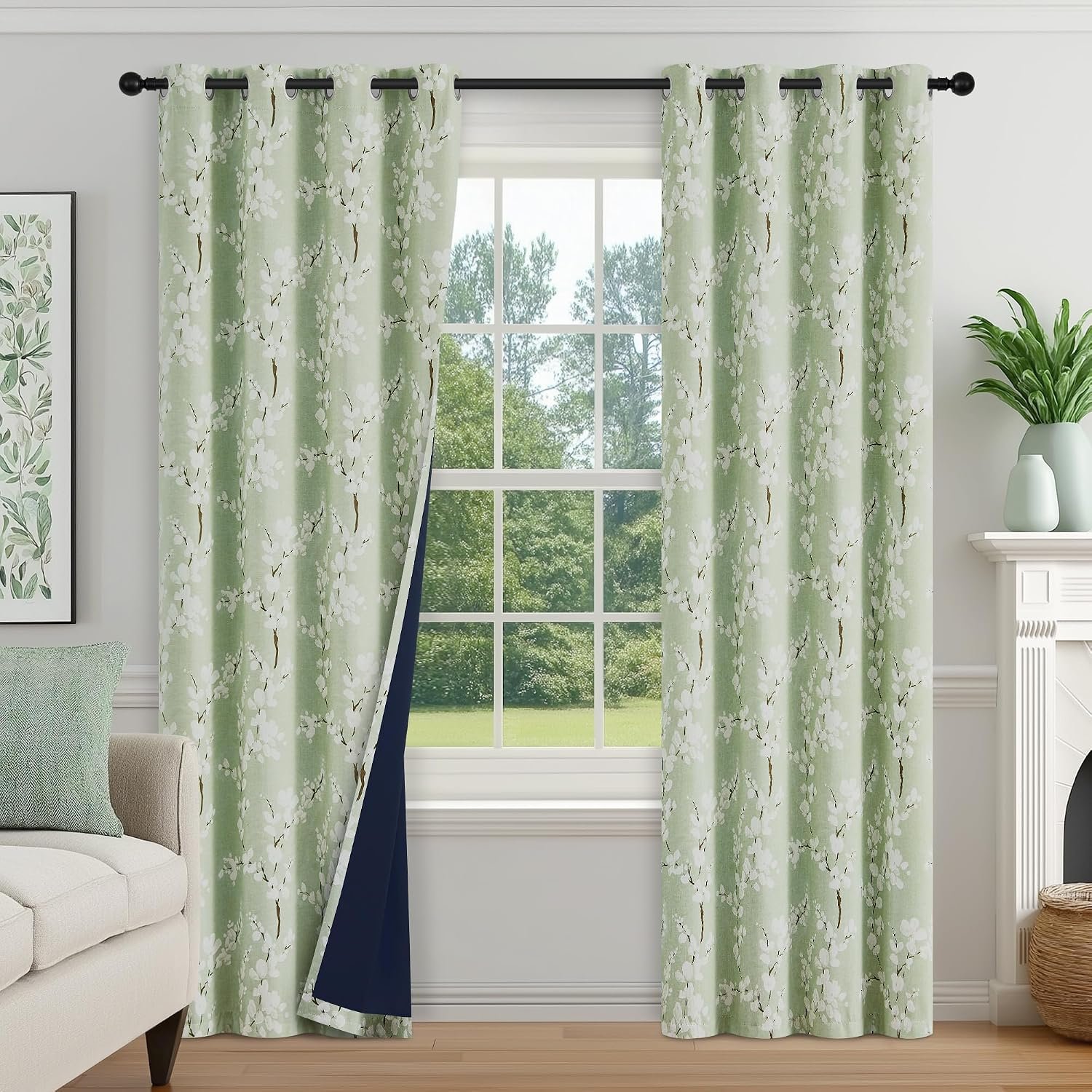FMFUNCTEX Green Blackout Floral Curtains for Bedroom, 84 Inches, 2 Panels | 100% Black Out Drapes, Blossom Patterned, Thermal Insulated, Cottage Farmhouse, for Living Room, Grommet Top, White on Green
