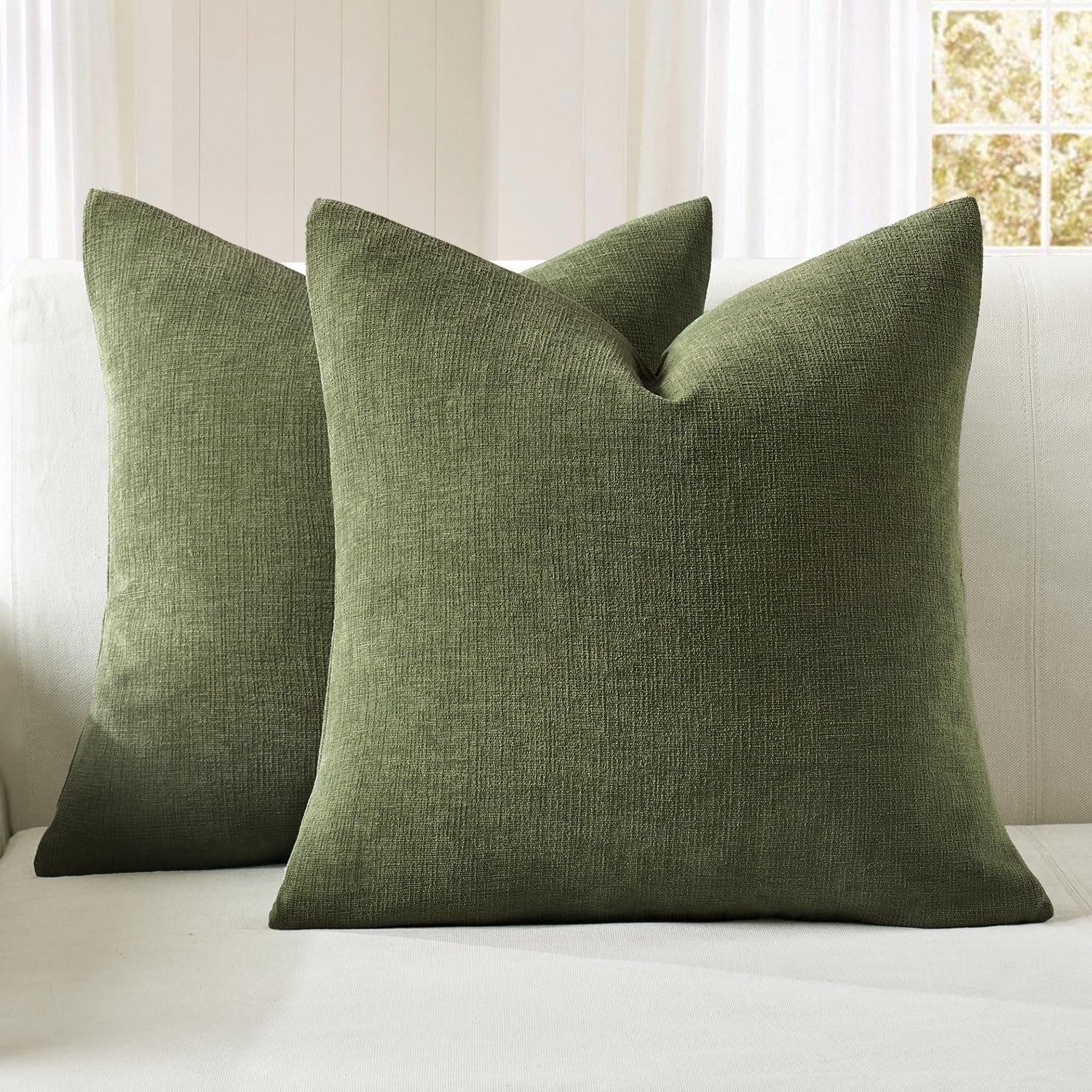 MIULEE Olive Green Chenille Couch Throw Pillow Covers, 18×18 | Set of 2, Soft Modern Farmhouse Style, Decorative Pillowcases for Sofa Living Room Bed, Home Decor