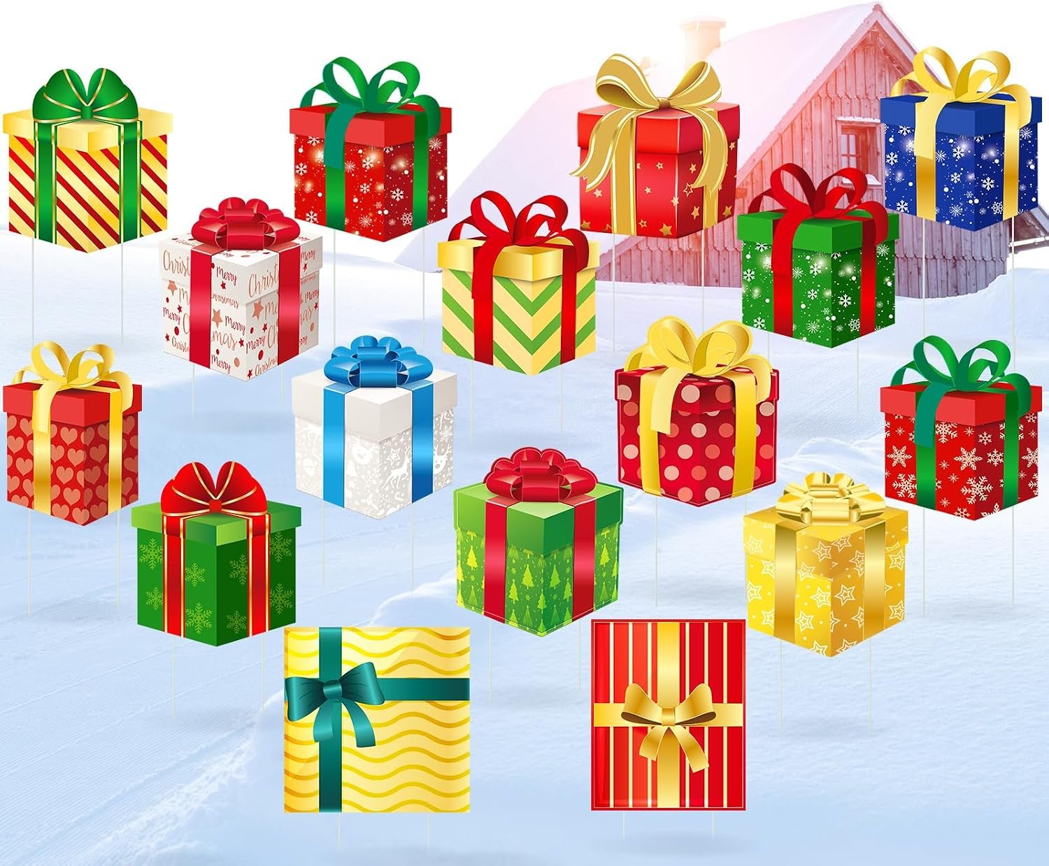 16 Pcs Christmas Decoration Outdoor Yard Sign with Stakes Gift Box Outdoor Yard Stakes Decorations Corrugated Plastic Xmas Lawn Sign Present Box Sign Decor for Holiday Pathway Walkway Garden