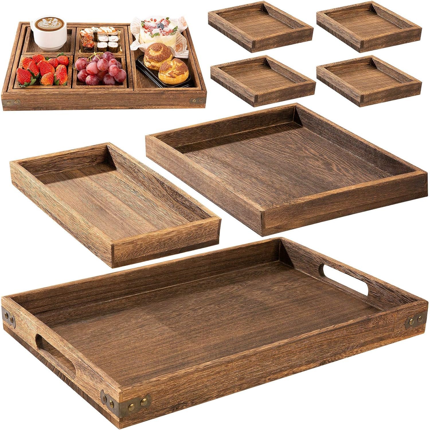 Rustic Wooden Serving Trays with Handle – Set of 7 Rectangular Platters for Entertaining, Breakfast, Coffee Table, Home Decor | 4 Sizes Tray-Snacks to Entrees,Decorative Serving Platter for Breakfast Bed,Lunch,Ottoman,Coffee Table,BBQ-Great for Lap&Sofa