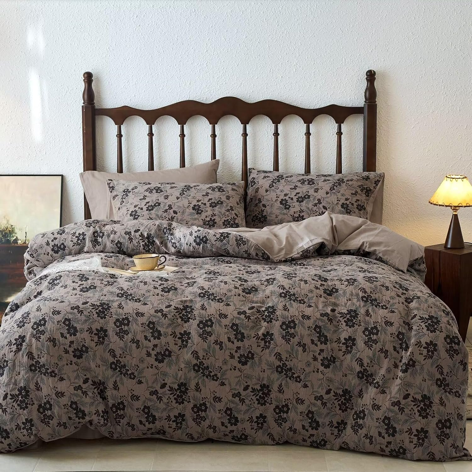 BuLuTu Vintage Muslin Duvet Cover Set Queen, 100% Cotton Linen Like Comforter Cover Boho Floral Quilt Cover with 2 Pillowcases, 90″x90″, Soft Breathable Bedding Set, Zipper & Corner Ties
