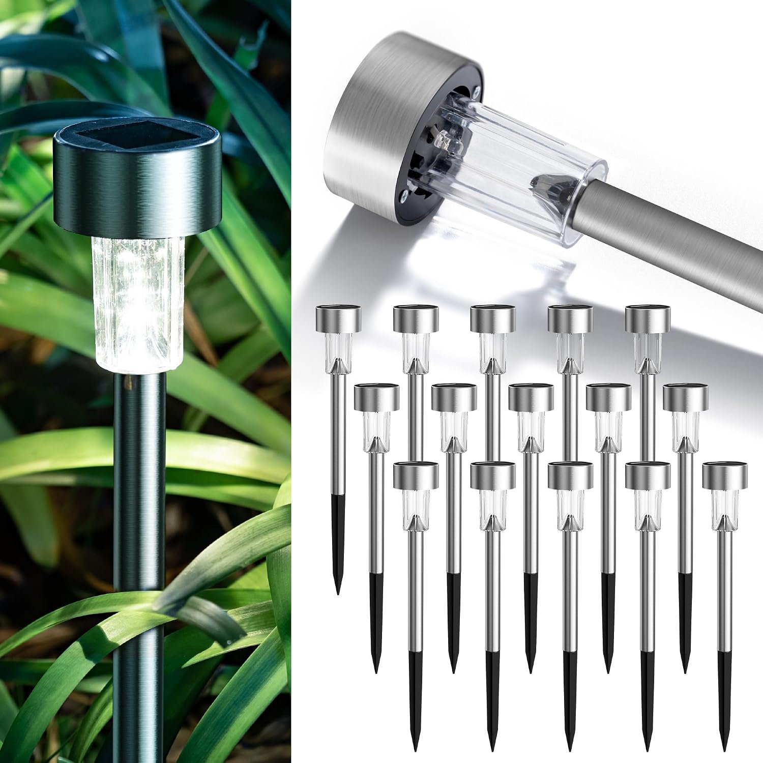 GIGALUMI 16 Pack Solar Lights Outdoor Waterproof,Stainless Steel LED Solar Garden Lights for Patio, Lawn, Yard and Landscape(Cold White) | Solar Pathway Lights, Solar Garden Lights for Patio, Lawn, Yard and Landscape LED (Cold White)