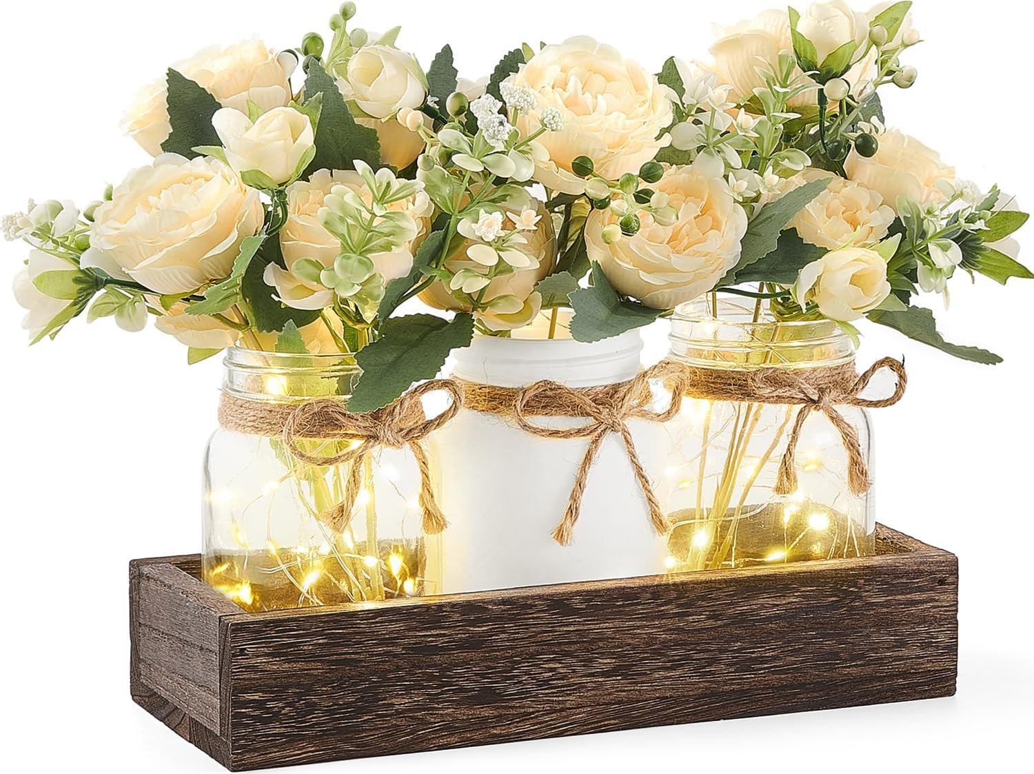 Mkono Mason Jar Lights Centerpieces for Tables Dining Room Farmhouse Decor | Wood Tray Peonies Artificial Flowers Champagne, Warm Glow, Coffee Table Decoration Kitchen Living Room Wedding Indoor Outdoor