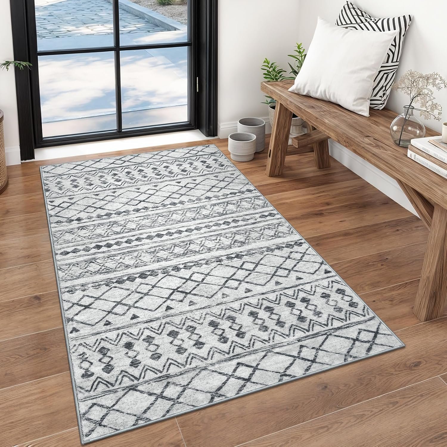 KUTA 3×5 Entryway Rug Grey Vintage Boho Washable Area Rug | Non-Slip, Non-Shedding, Low Pile, Ultra Soft Geometric Floor Rugs for Entrance Kitchen Living Room Bedroom Nursery Dorm