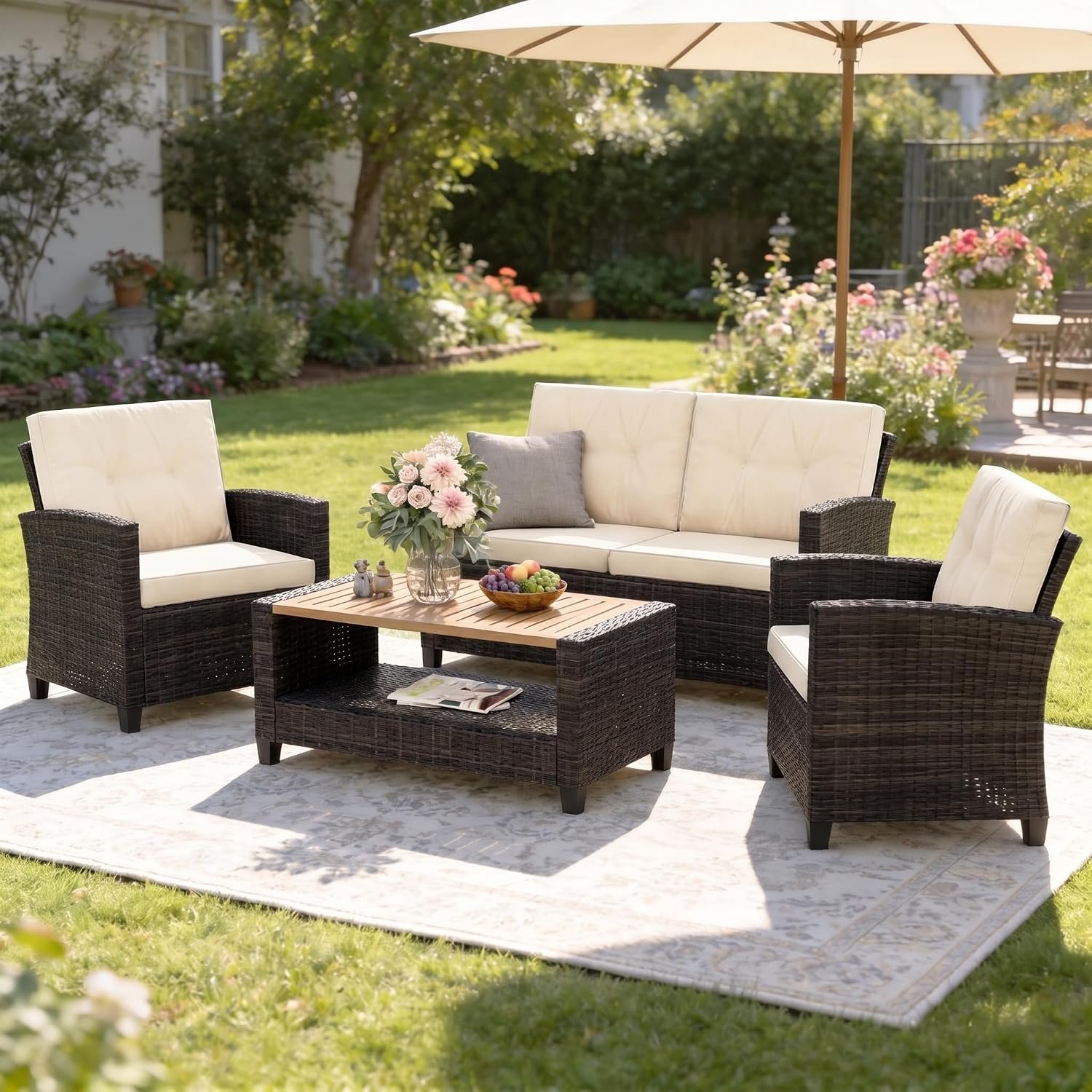 Wisteria Lane 4 Piece Patio Furniture Set, Wicker Outdoor Patio Conversation Furniture Set, All Weather Outdoor Patio Sofa with Cushion and Wood Table, Beige Wood