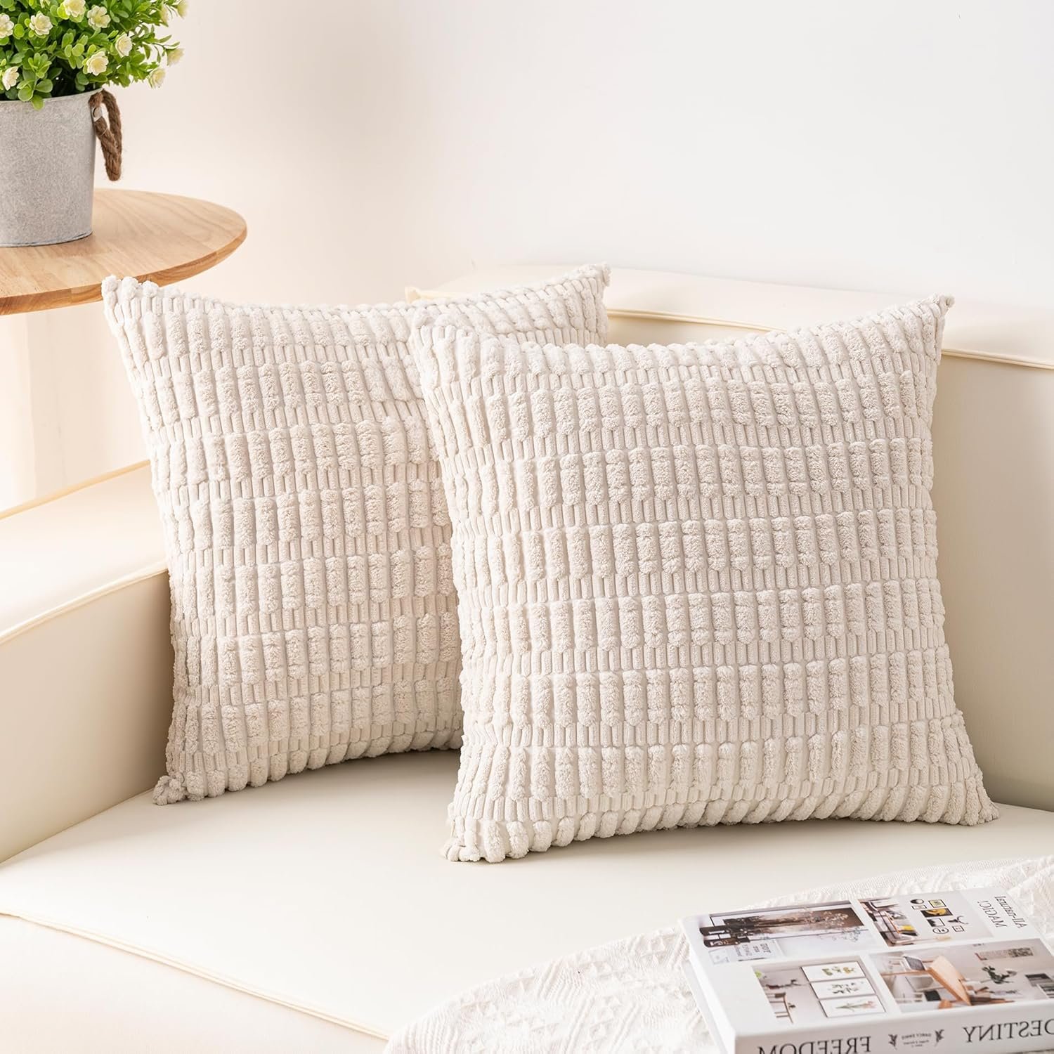 Pack of 2 Corduroy Decorative Throw Pillow Covers 18×18 Inch, Cream White | Fall Soft Striped Pillow Covers Modern Farmhouse Home Decor Christmas Throw Pillow Covers for Sofa Living Room Couch Bed ﻿