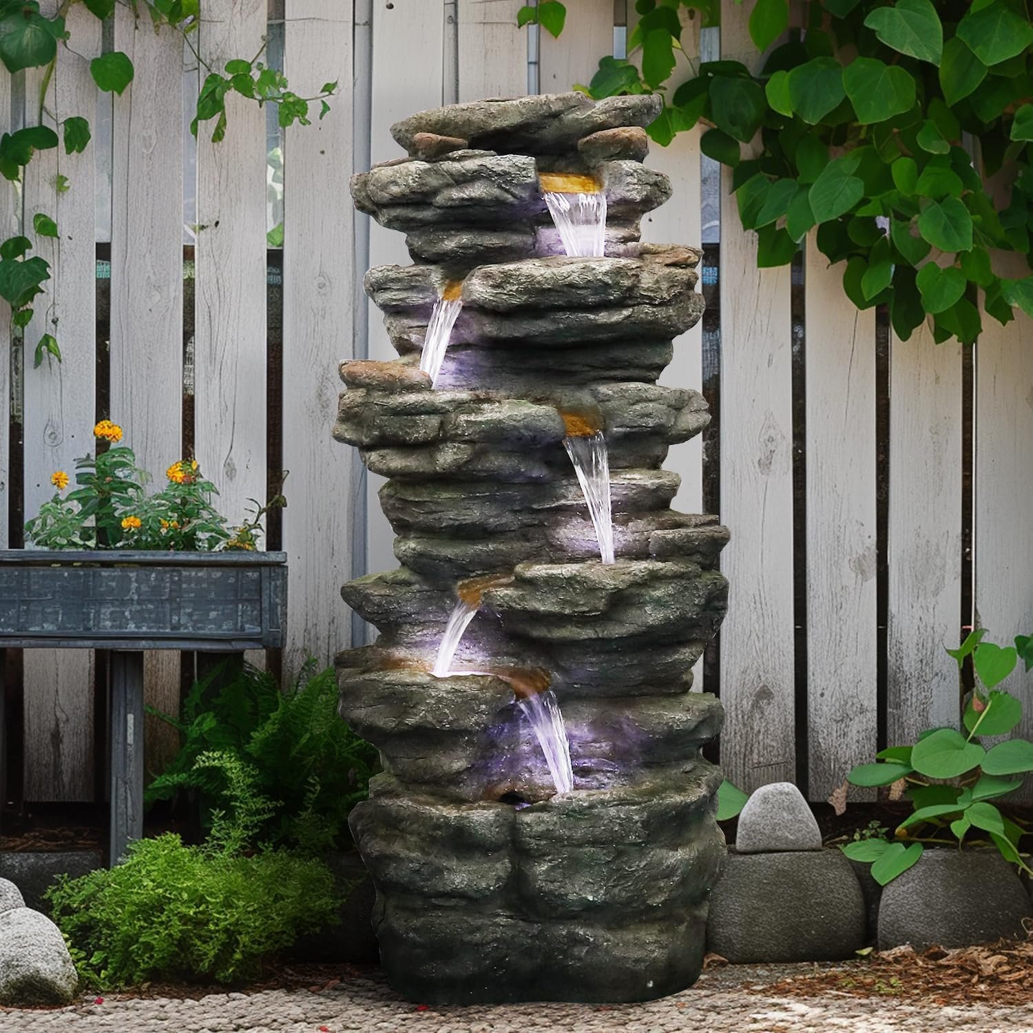 40″ High 6-Tiers Cascading Rock Outdoor Water Fountain with LED Lights – Large Outdoor Fountains and Waterfalls for Garden or Patio, Yard, and Deck Decor, Featuring Natural Stone Look