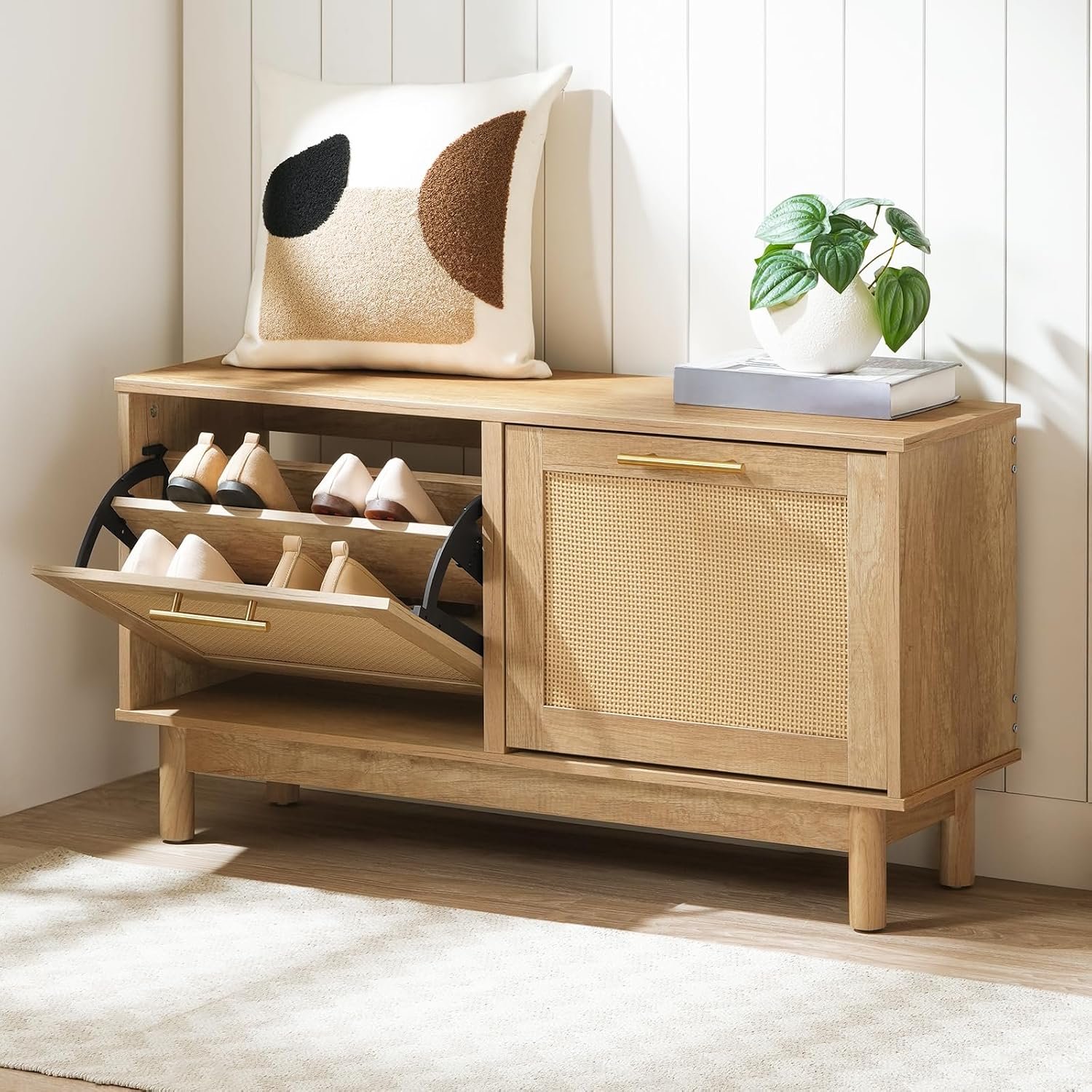 HOOBRO Shoe Storage Bench, Rattan Entryway Bench with 2 Flip Drawers, 39.4” Hidden Shoe Cabinet with Adjustable Shelves, Comfort Seat Holds 300lb, Large Capacity Fits 8-12 Pairs, Natural NL51HX01