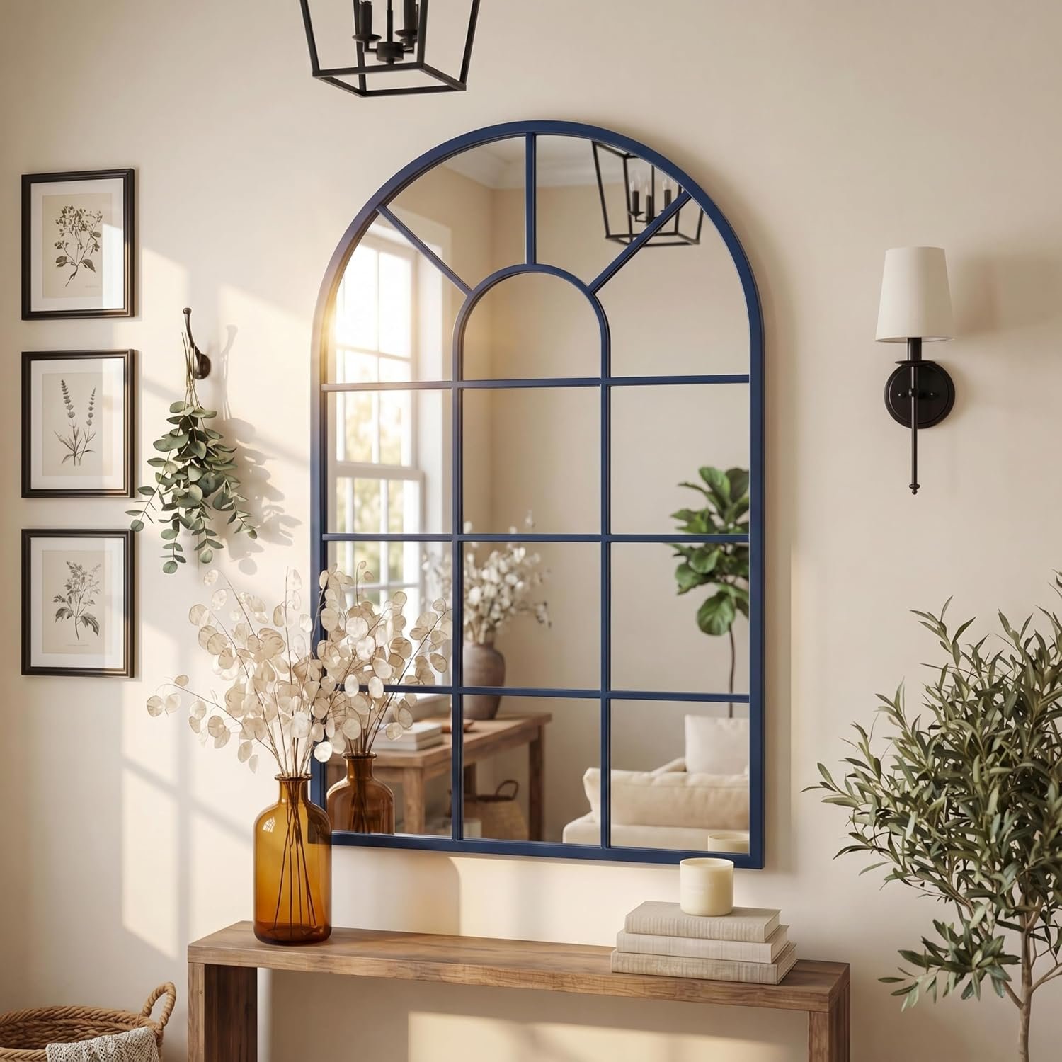 Blue Arched Windowpane Mirror 32×20 Inch, Decorative Mirrors for Wall Entryway Living Room, Farmhouse Arch Window Pane Mirror, Large Wall Mirror for Home Decor