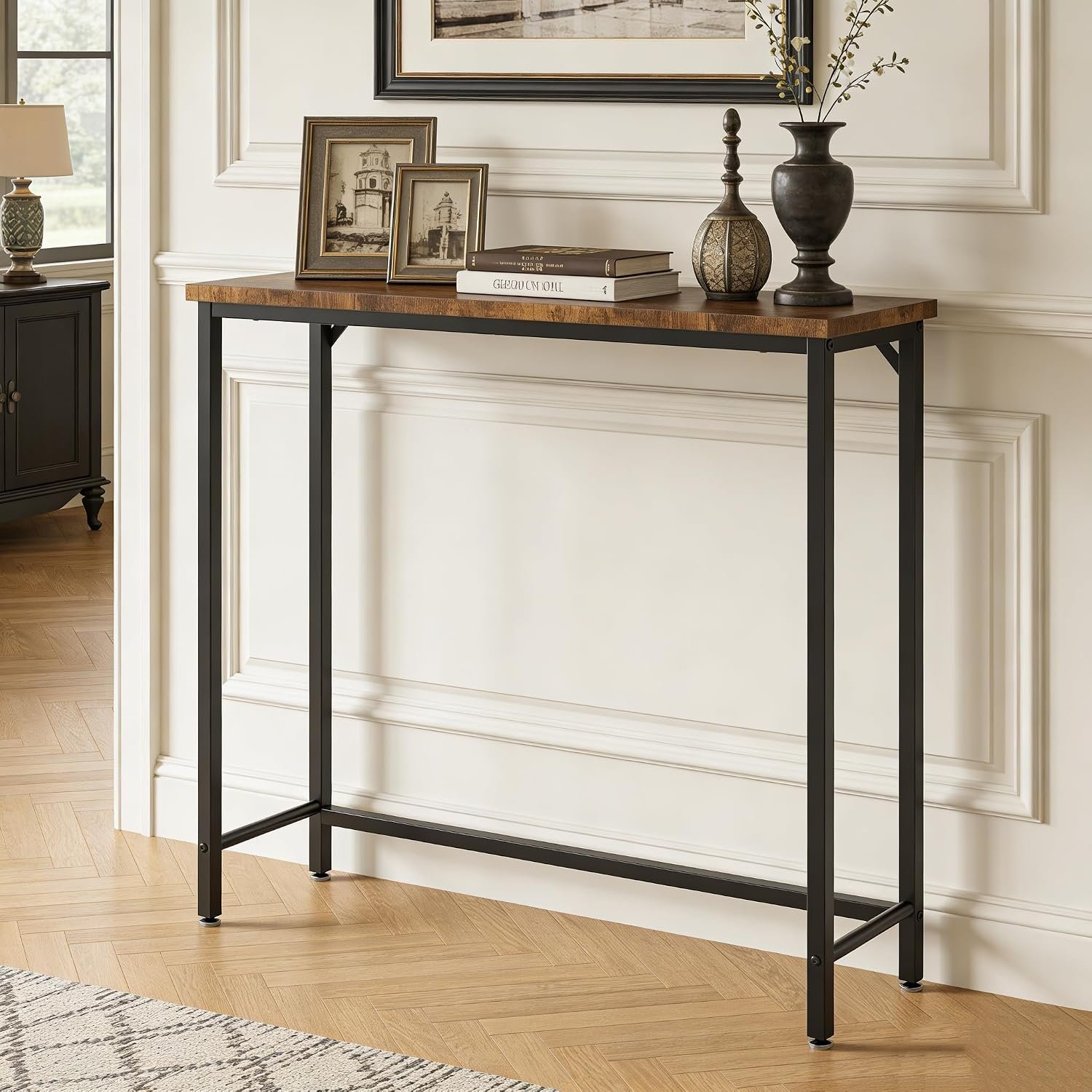 Narrow Entryway Console Table & Sofa Side Table – Industrial Hallway Table for Small Spaces, Behind Couch Table, Multi-Functional Living Room Bedroom Office,Brown, 29.5″ x 9.4″ x 29.5″