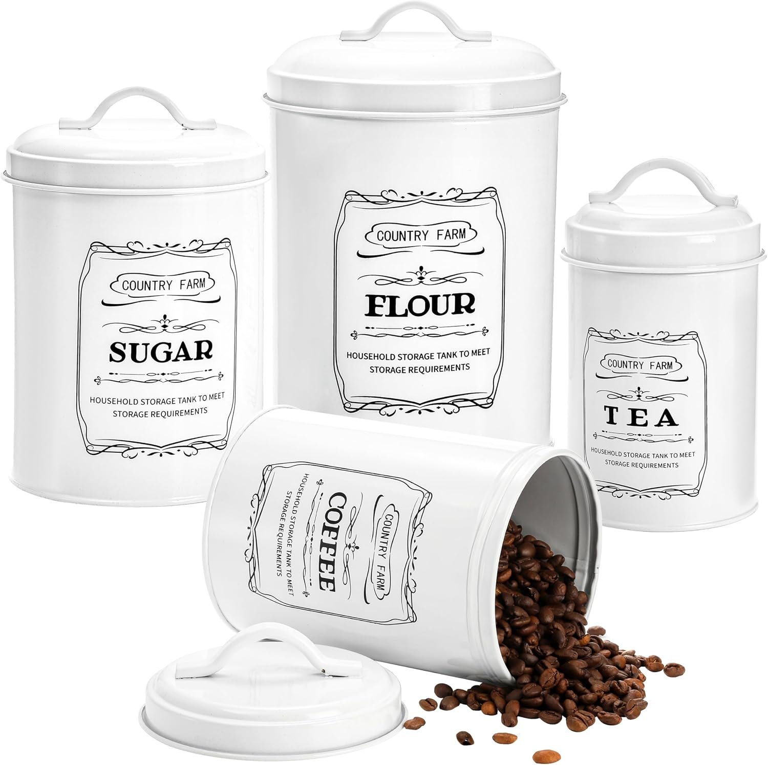 Set of 4 Kitchen Canisters with Airtight Lids, Coffee Tea Sugar Flour Tin Jars Nesting Food Storage Container Set for Farmhouse Decor, 4 Sizes
