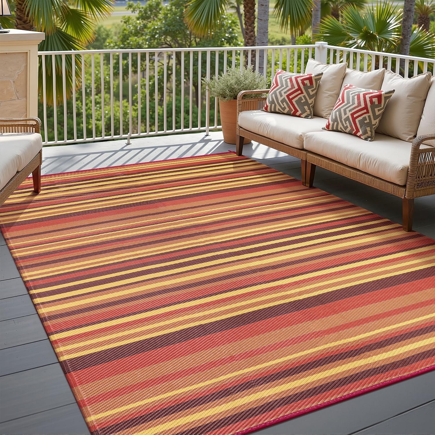 Outdoor Plastic Straw Rug Waterproof Patio 6×9 Red Orange Stripe Mat for Porch Camping RV Balcony Deck Courtyard Reversible Lightweight Durable Portable Carpet