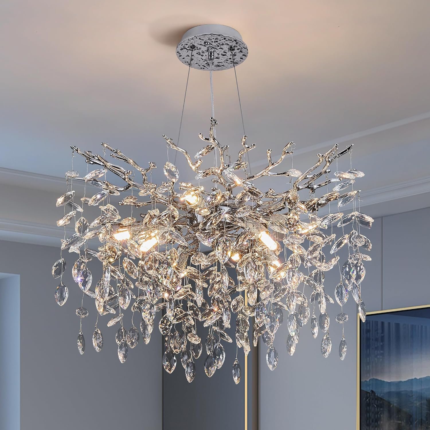 Modern Tree Branch Crystal Chandelier Luxury Silver Crystal Pendant Lighting 23.6″ Contemporary 8-Light Chandeliers for Dining Room Kitchen Bedroom Living Room