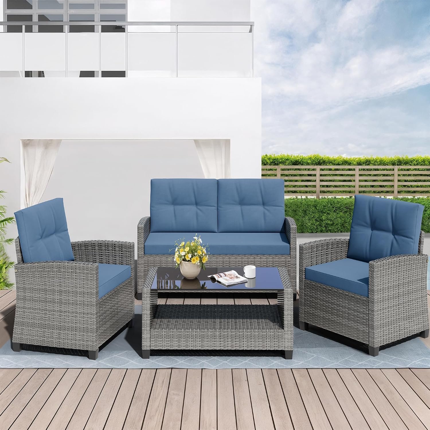 Shintenchi 4 Piece Patio Furniture Set, Outdoor Rattan Conversation Set with Coffee Table, Outside Wicker Sectional Sofa Couch with Cushion, Gray and Blue